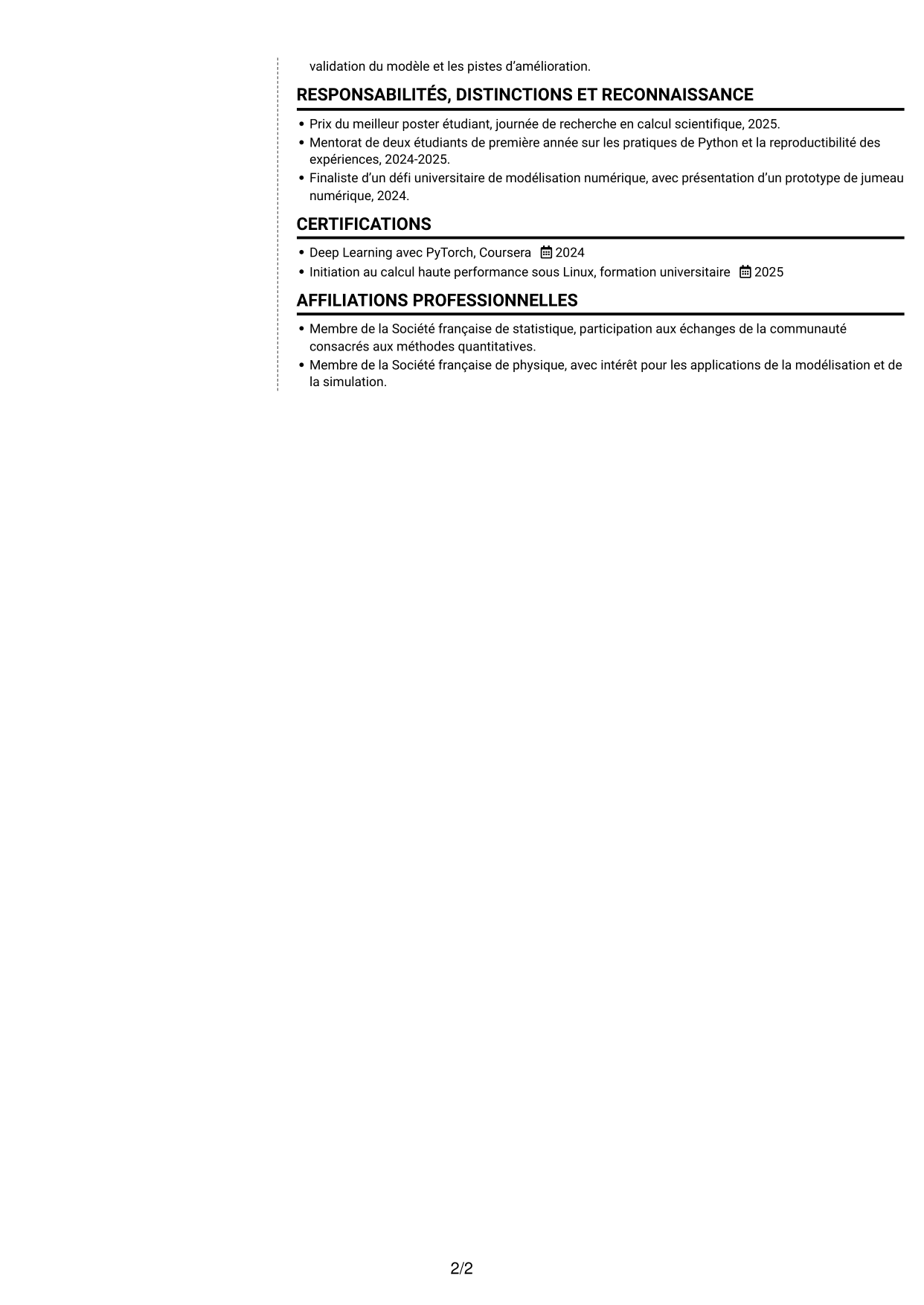 CV Moderne (format à deux colonnes avec photo à gauche et séparateur) : Ingénieur IA R&D - Modélisation physique, page 2