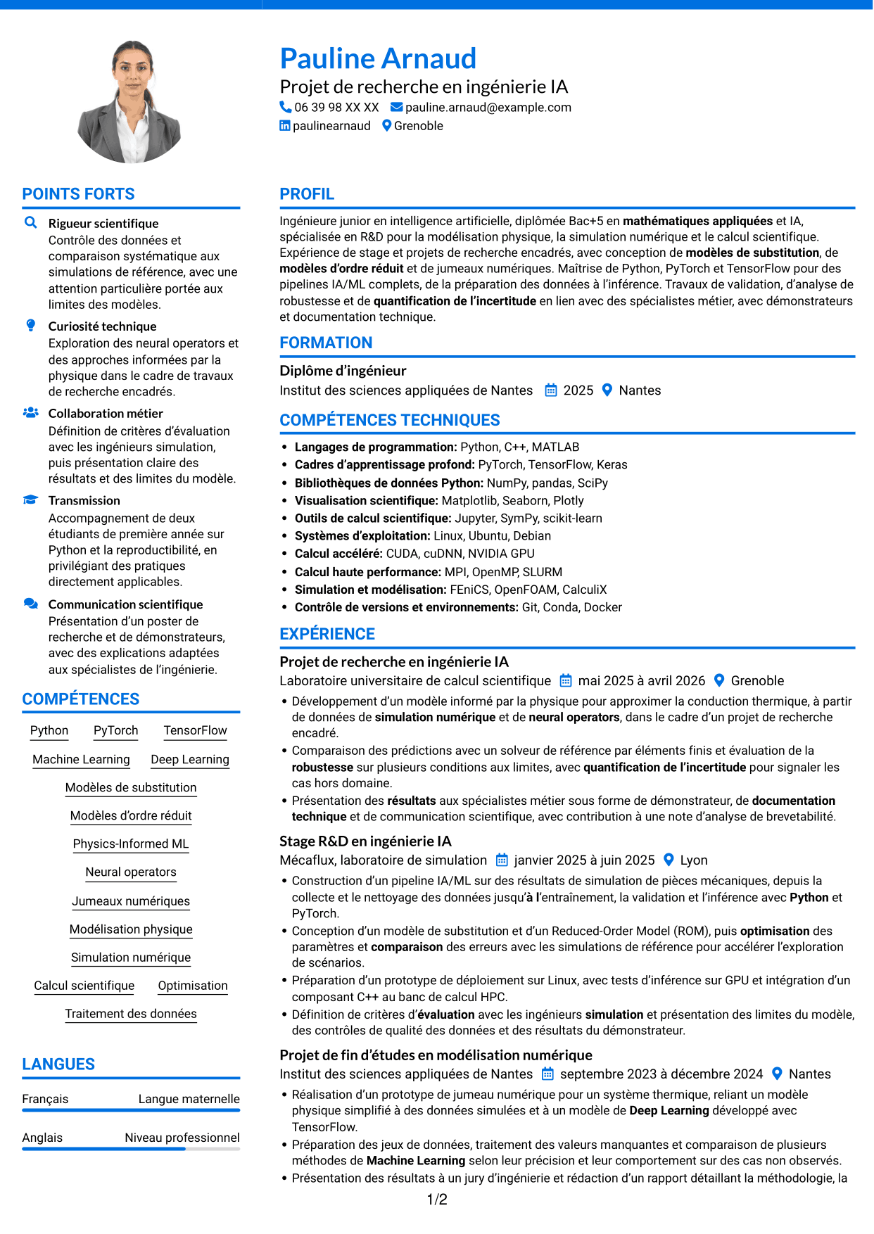CV Audacieux (format à deux colonnes avec accents colorés et photo) : Ingénieur IA R&D - Modélisation physique, page 1