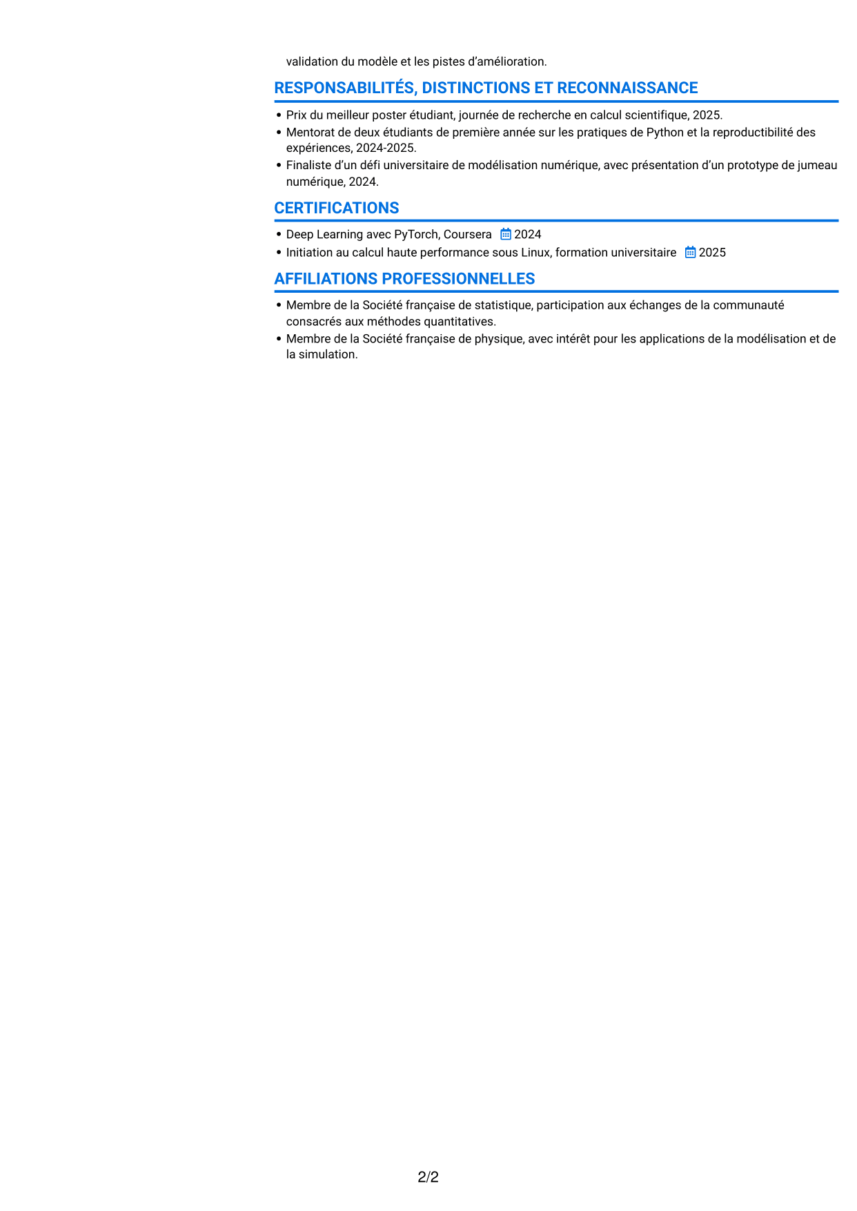 CV Audacieux (format à deux colonnes avec accents colorés et photo) : Ingénieur IA R&D - Modélisation physique, page 2