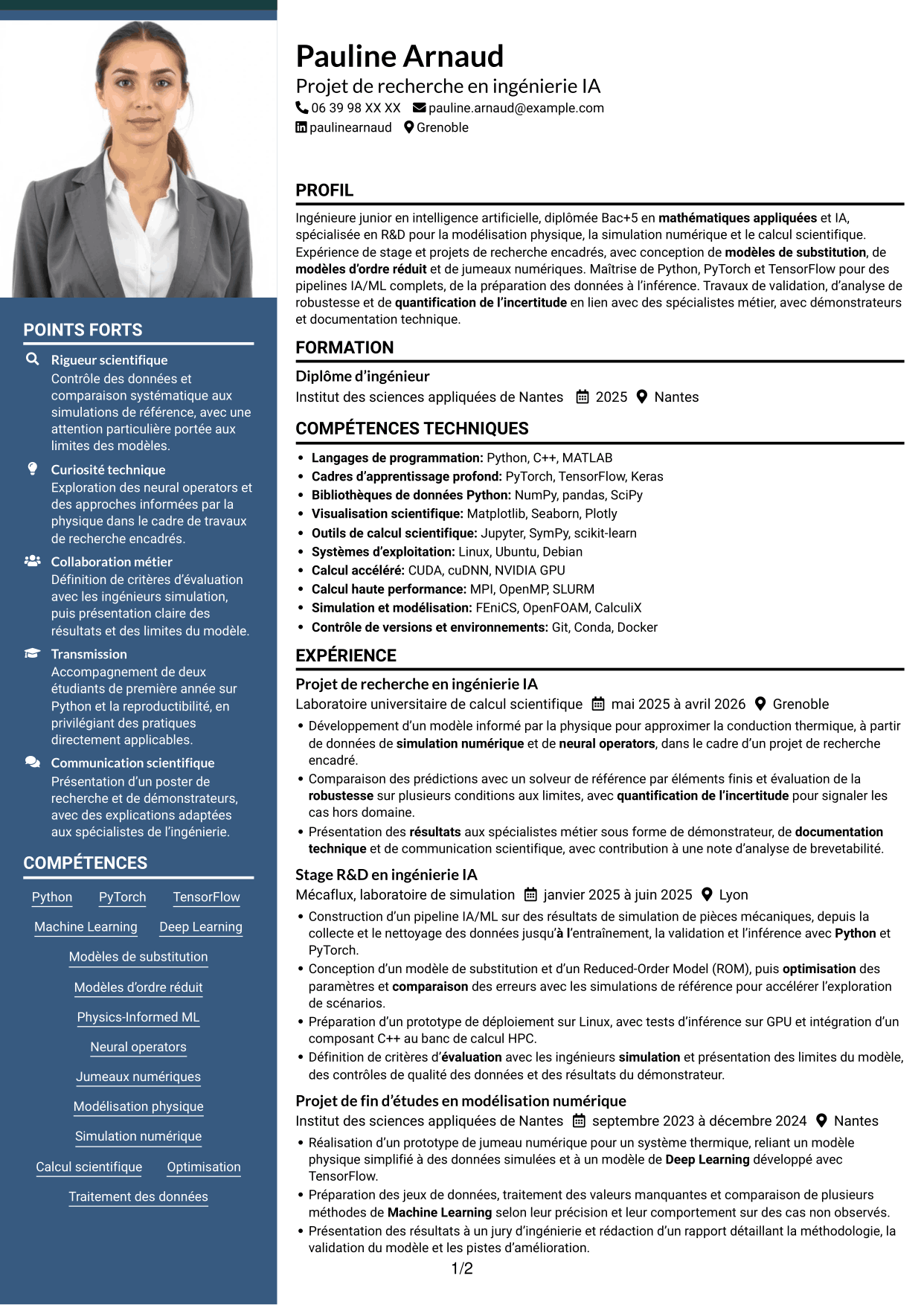 CV Signature (format à colonne latérale colorée avec grande photo) : Ingénieur IA R&D - Modélisation physique, page 1