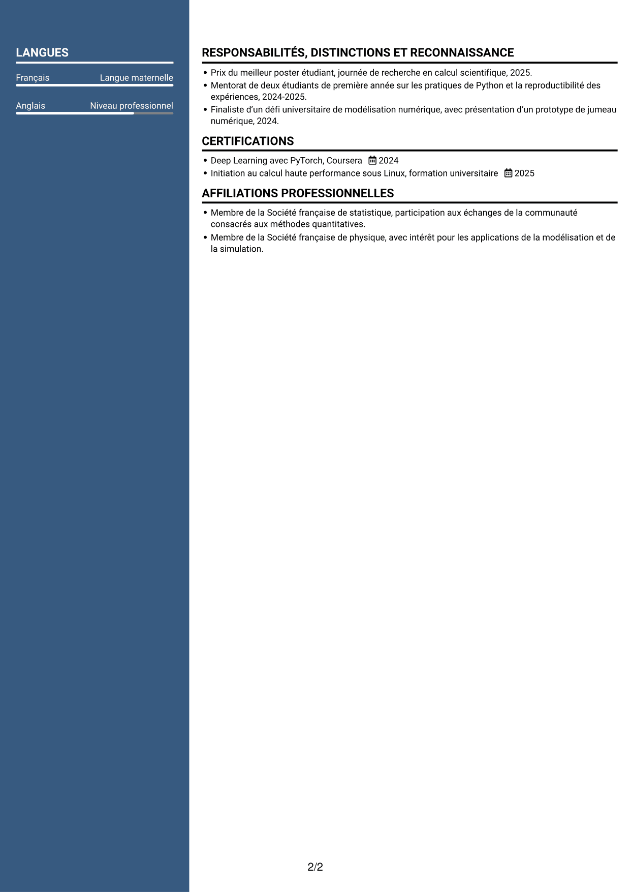 CV Signature (format à colonne latérale colorée avec grande photo) : Ingénieur IA R&D - Modélisation physique, page 2