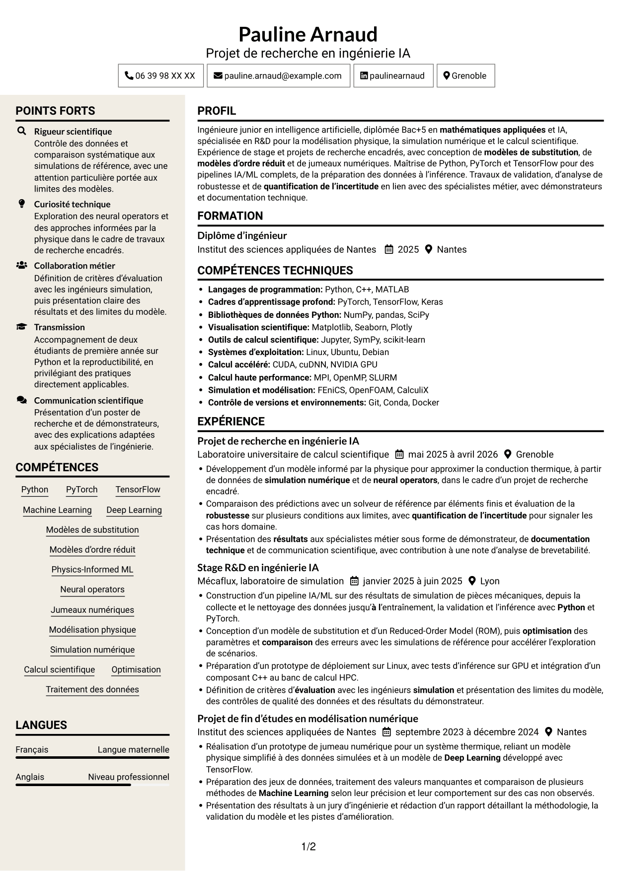 CV Fonceur (format à deux colonnes avec en-tête centré sans photo) : Ingénieur IA R&D - Modélisation physique, page 1