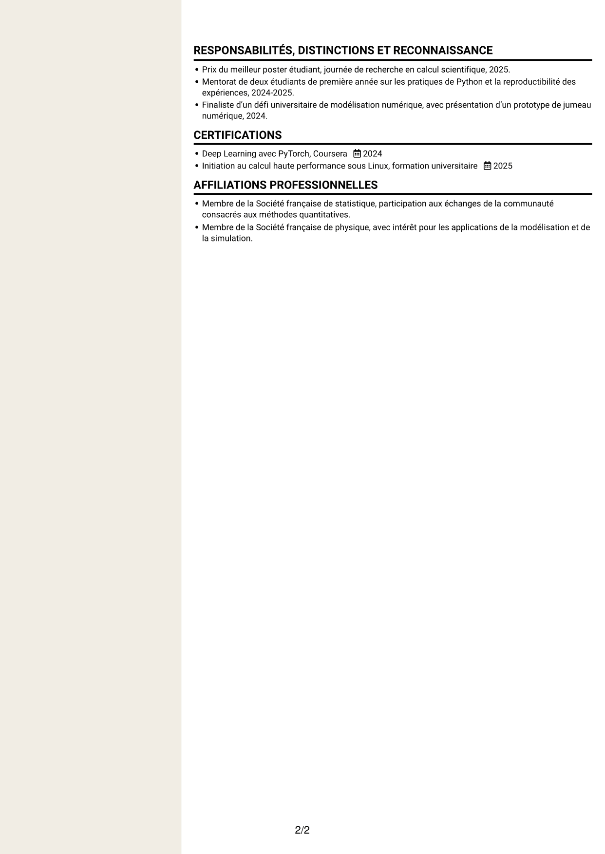CV Fonceur (format à deux colonnes avec en-tête centré sans photo) : Ingénieur IA R&D - Modélisation physique, page 2