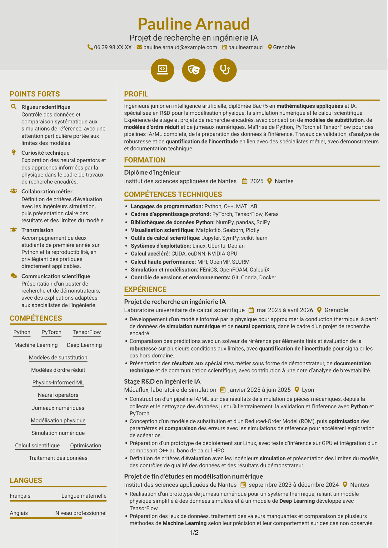 CV Dynamique (format à deux colonnes avec icônes) : Ingénieur IA R&D - Modélisation physique, page 1