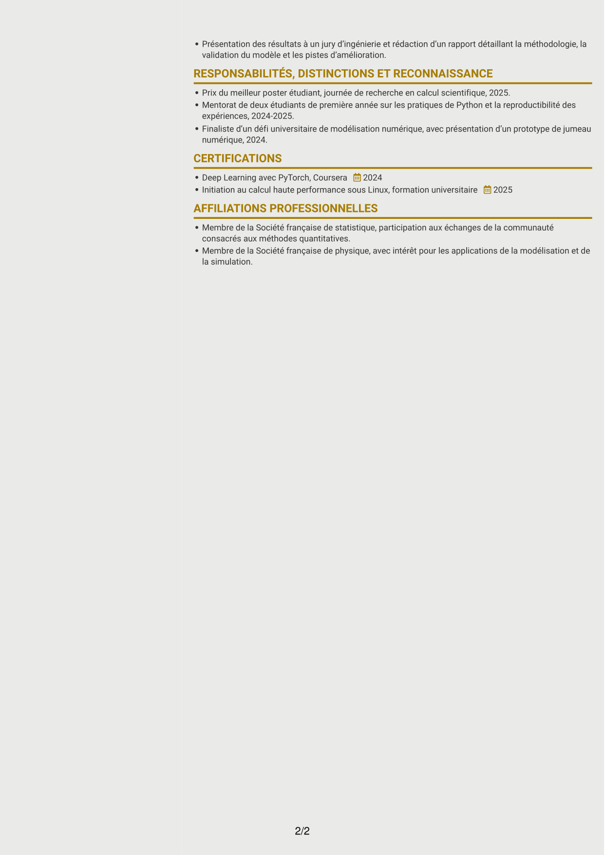 CV Dynamique (format à deux colonnes avec icônes) : Ingénieur IA R&D - Modélisation physique, page 2