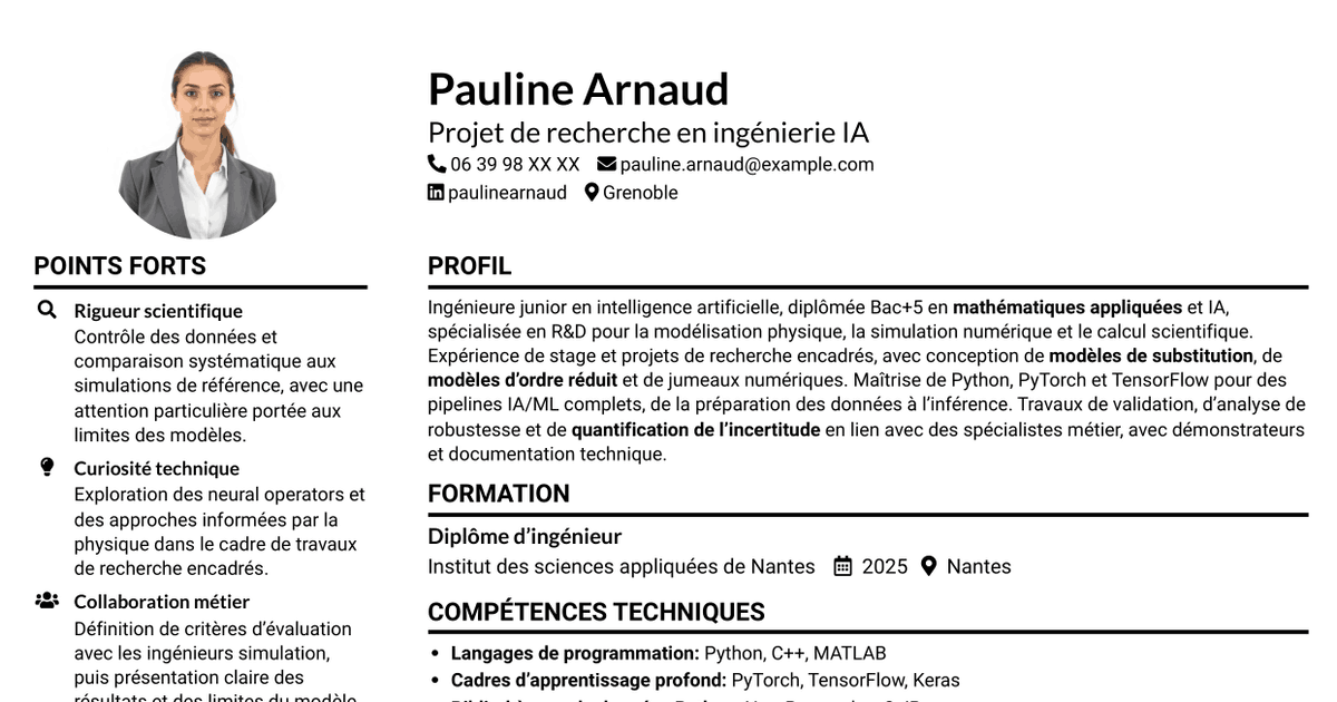 7 modèles de CV pour Ingénieur IA R&D - Modélisation physique, avec exemples