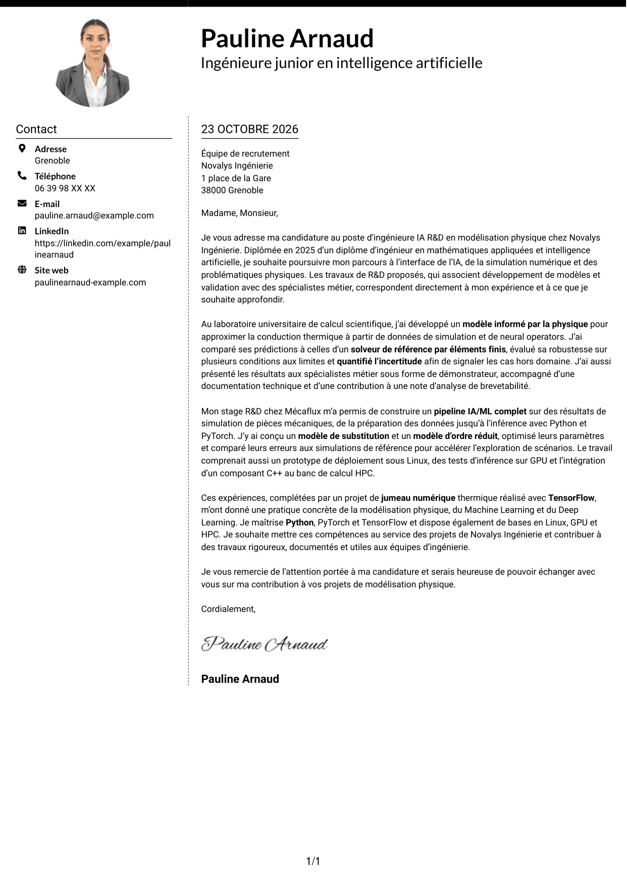 Lettre de motivation Moderne (format à deux colonnes avec photo à gauche et séparateur) : Ingénieur IA R&D - Modélisation physique, page 1