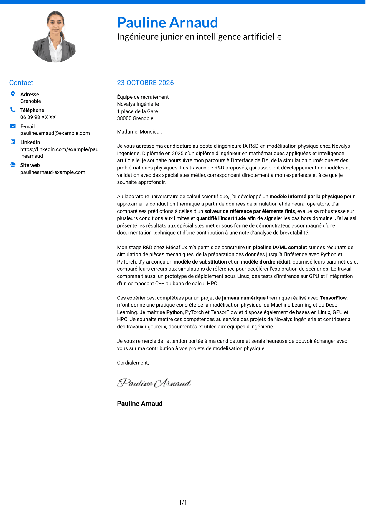 Lettre de motivation Audacieux (format à deux colonnes avec accents colorés et photo) : Ingénieur IA R&D - Modélisation physique, page 1