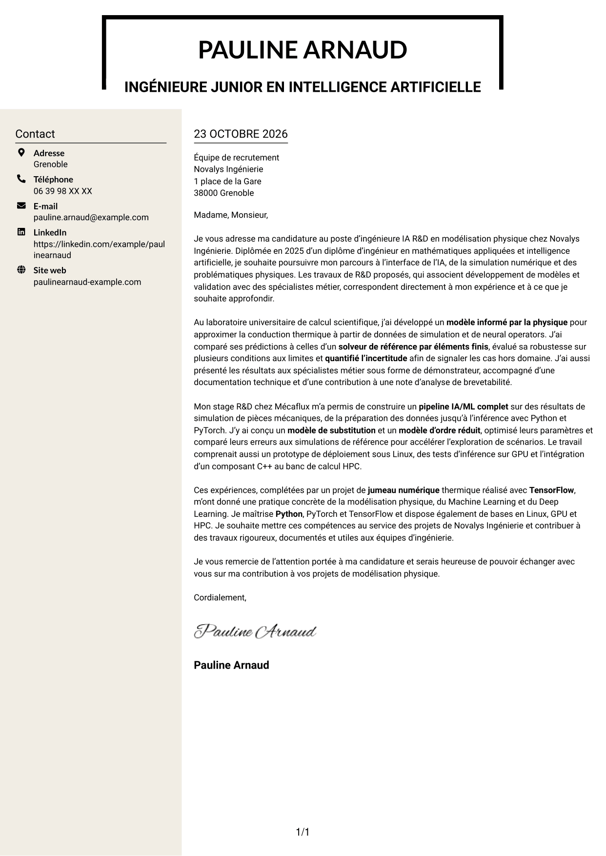 Lettre de motivation Fonceur (format à deux colonnes avec en-tête centré sans photo) : Ingénieur IA R&D - Modélisation physique, page 1