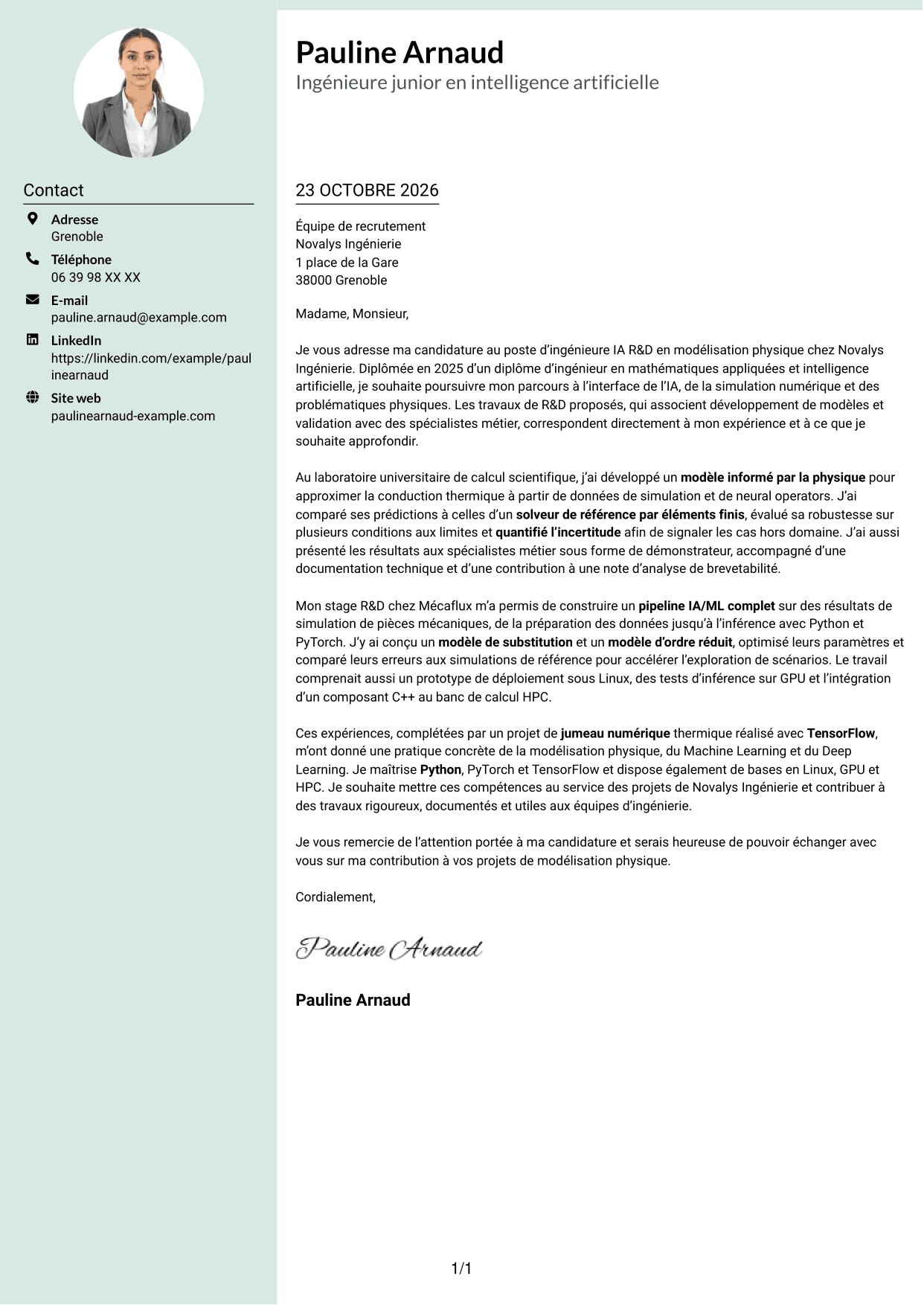 Lettre de motivation Cadre (format à colonne latérale douce avec photo arrondie) : Ingénieur IA R&D - Modélisation physique, page 1