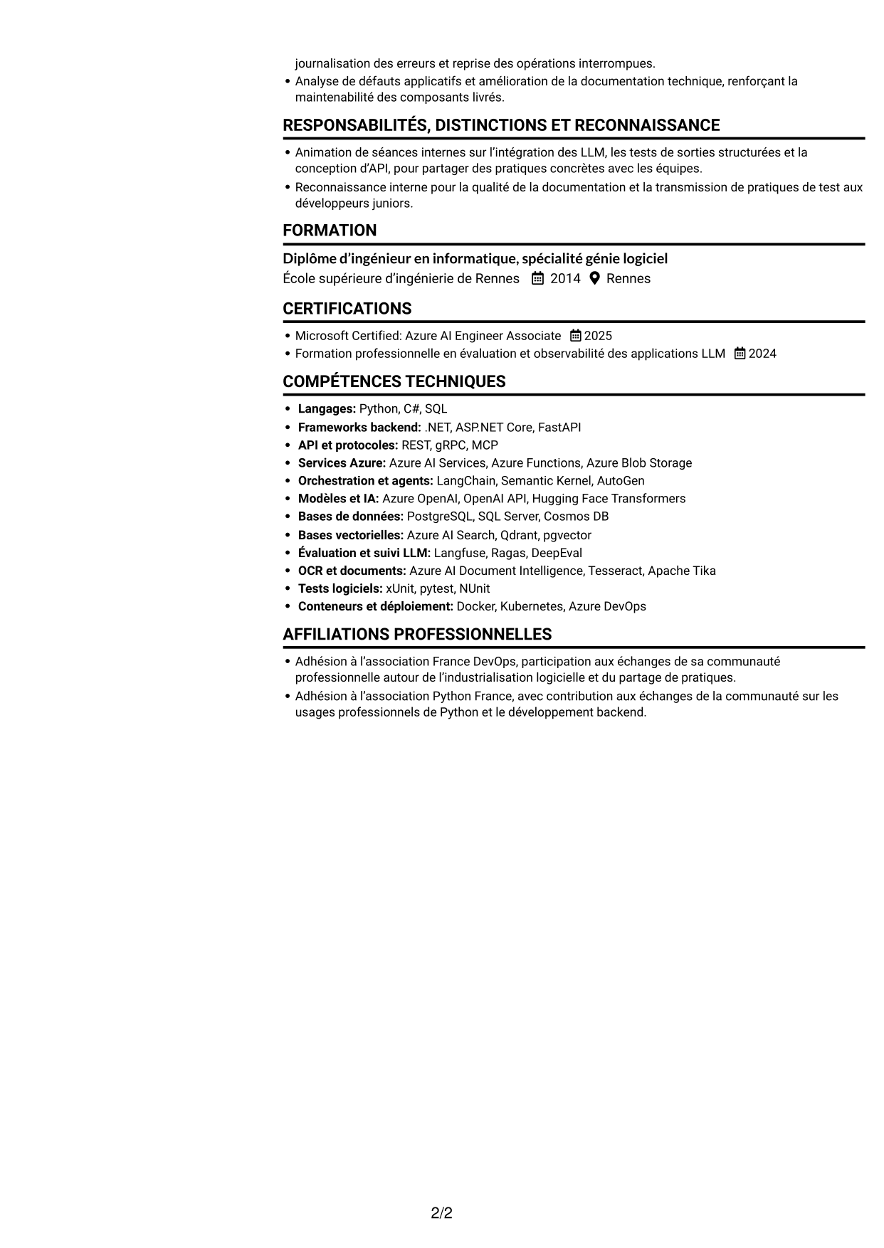 CV Compact (format sobre à deux colonnes avec photo) : Ingénieur IA - RAG et agents, page 2