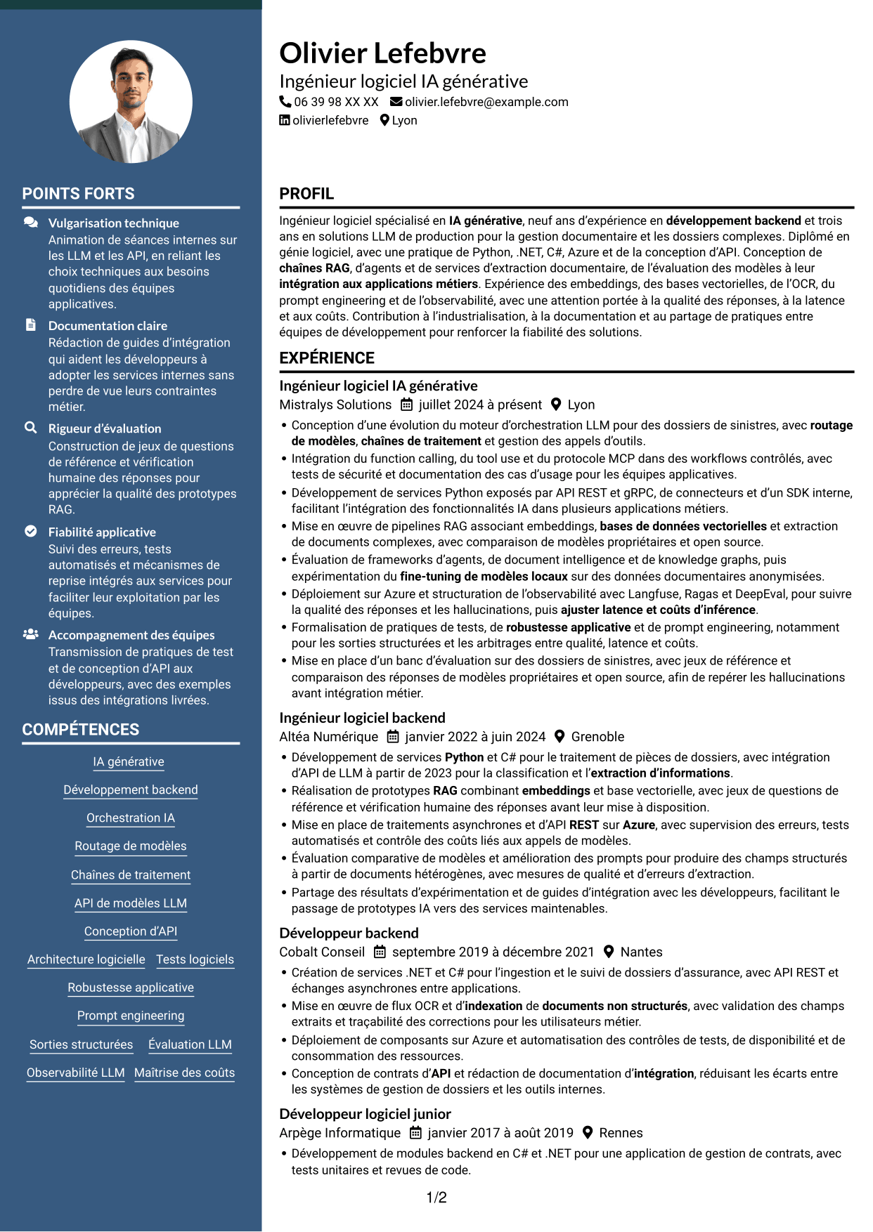 CV Élégant (format à colonne latérale colorée avec photo) : Ingénieur IA - RAG et agents, page 1