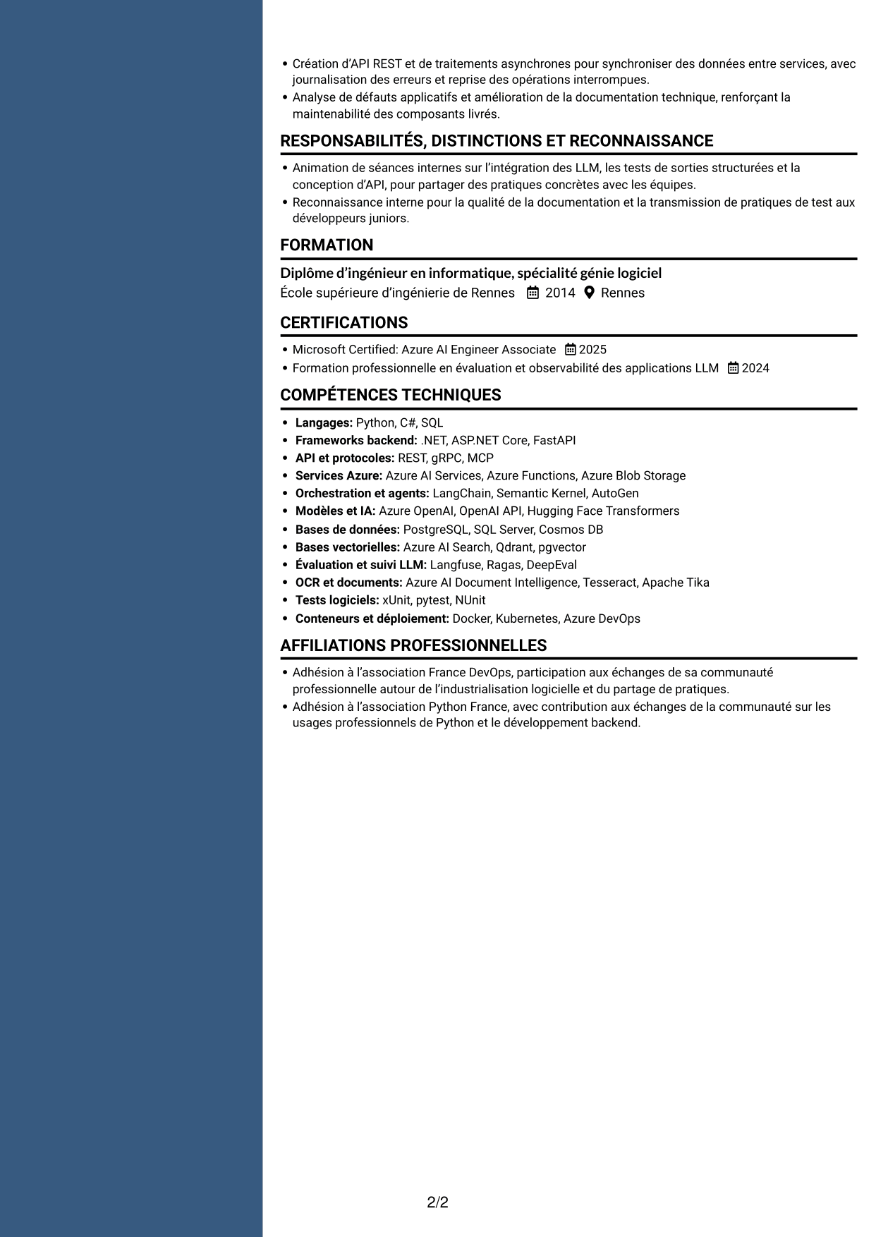 CV Élégant (format à colonne latérale colorée avec photo) : Ingénieur IA - RAG et agents, page 2