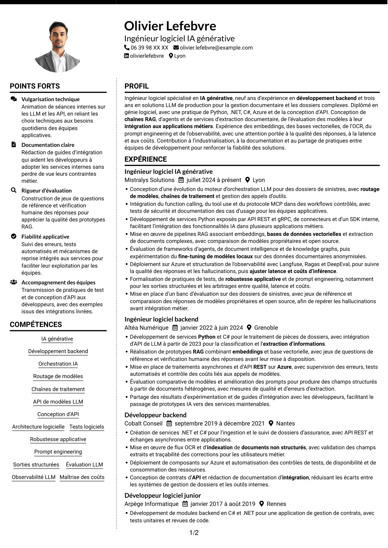 CV Moderne (format à deux colonnes avec photo à gauche et séparateur) : Ingénieur IA - RAG et agents, page 1