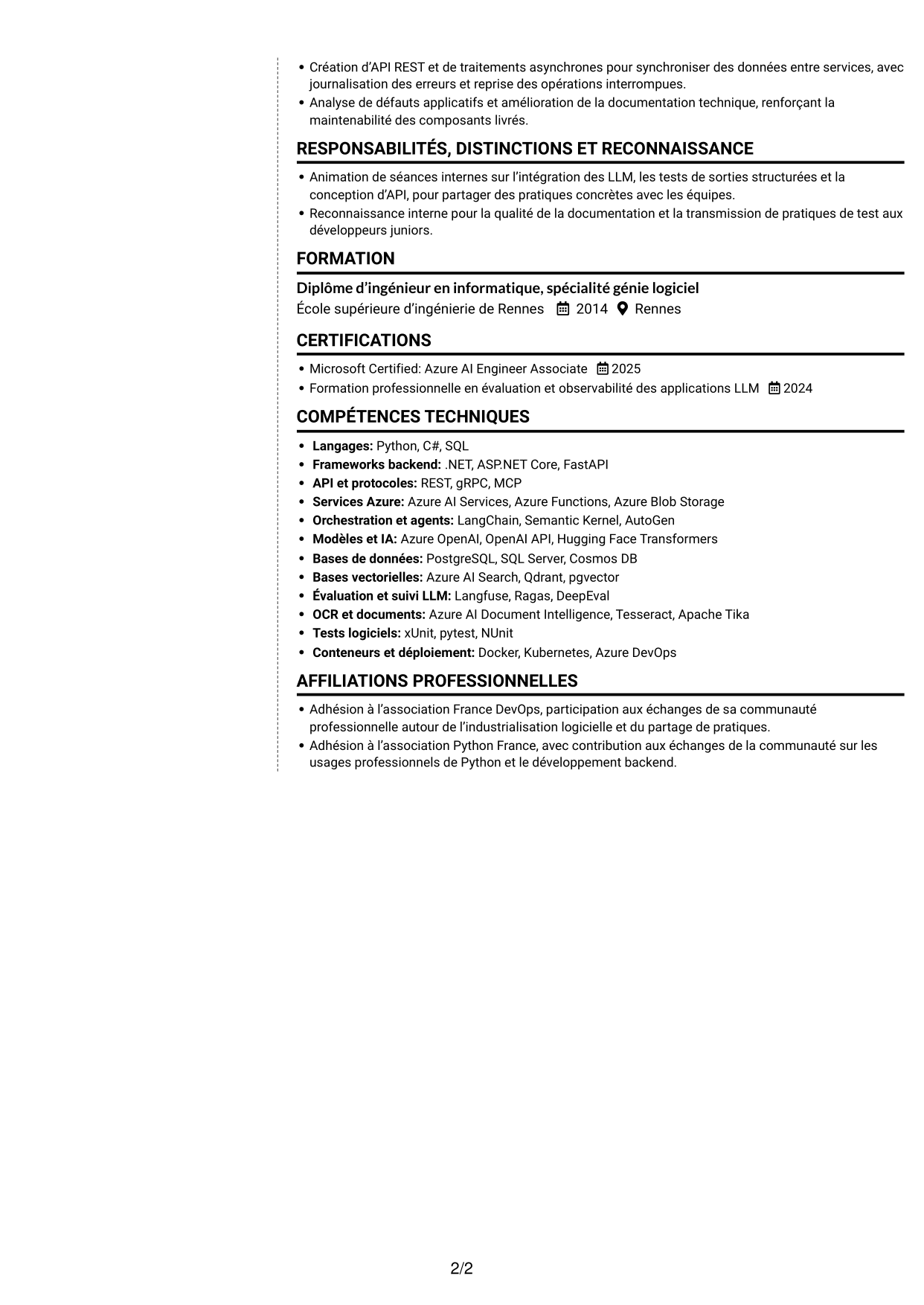 CV Moderne (format à deux colonnes avec photo à gauche et séparateur) : Ingénieur IA - RAG et agents, page 2