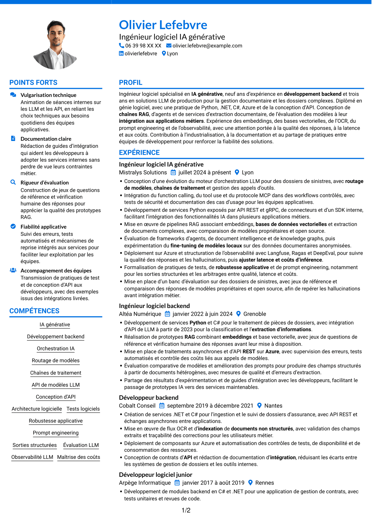 CV Audacieux (format à deux colonnes avec accents colorés et photo) : Ingénieur IA - RAG et agents, page 1