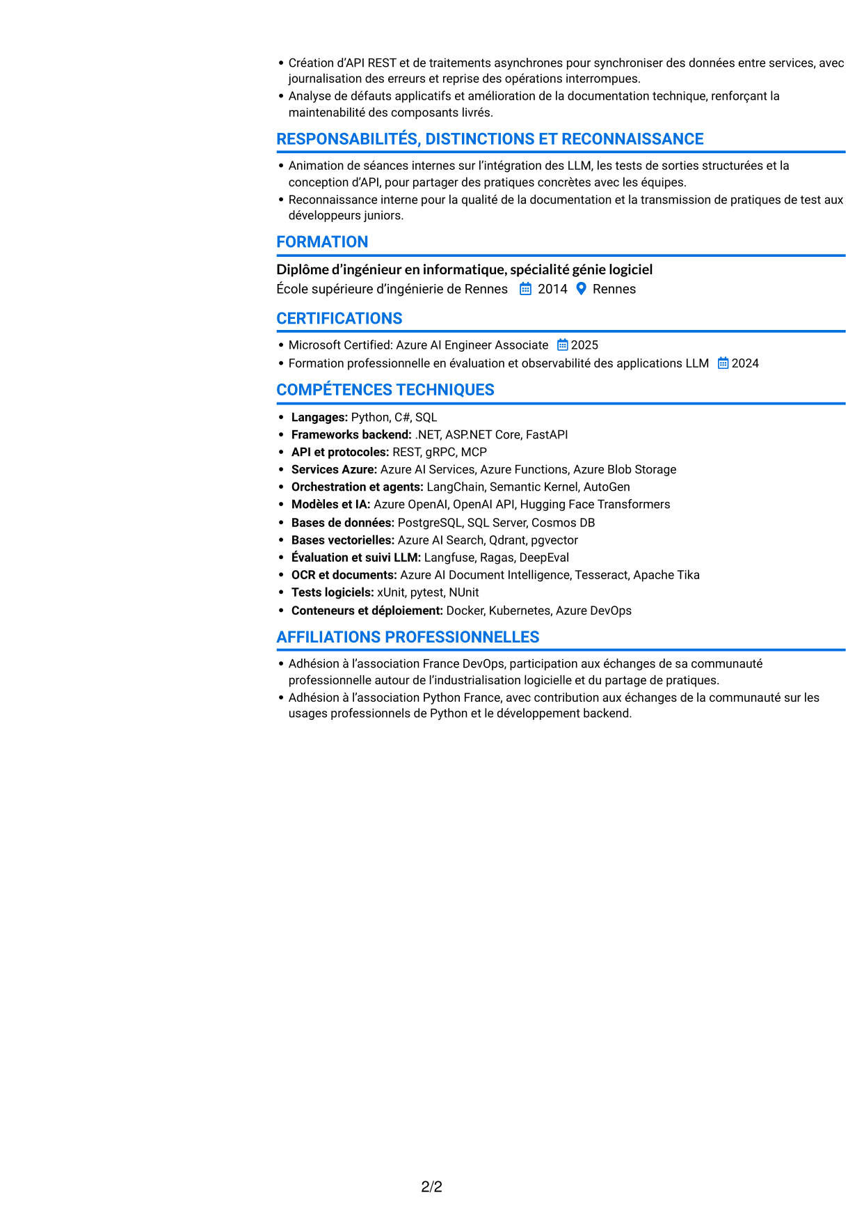 CV Audacieux (format à deux colonnes avec accents colorés et photo) : Ingénieur IA - RAG et agents, page 2
