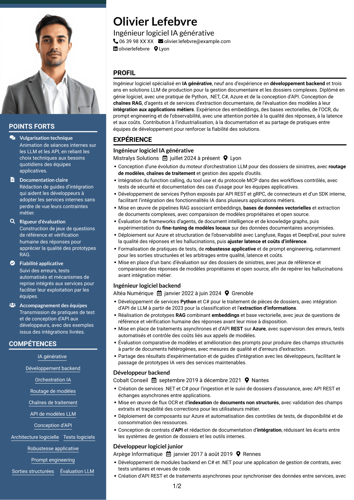 CV Signature (format à colonne latérale colorée avec grande photo) : Ingénieur IA - RAG et agents, page 1