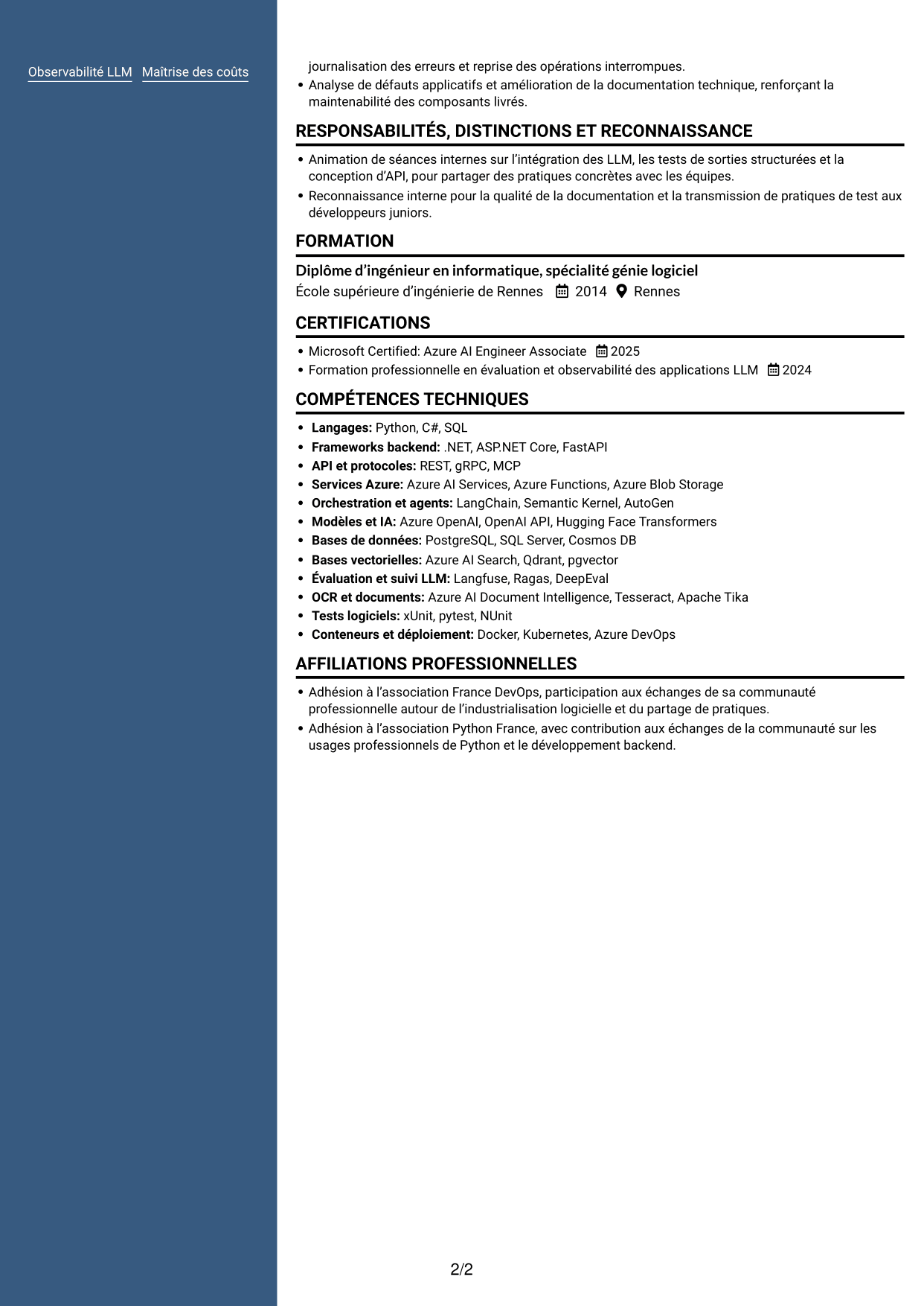 CV Signature (format à colonne latérale colorée avec grande photo) : Ingénieur IA - RAG et agents, page 2