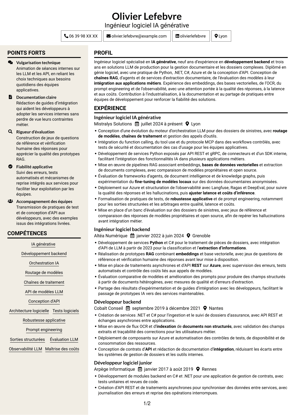 CV Fonceur (format à deux colonnes avec en-tête centré sans photo) : Ingénieur IA - RAG et agents, page 1