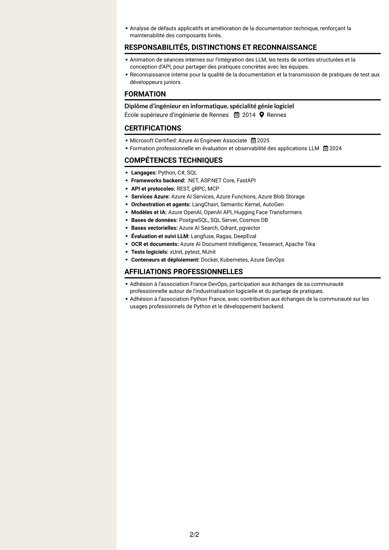 CV Fonceur (format à deux colonnes avec en-tête centré sans photo) : Ingénieur IA - RAG et agents, page 2