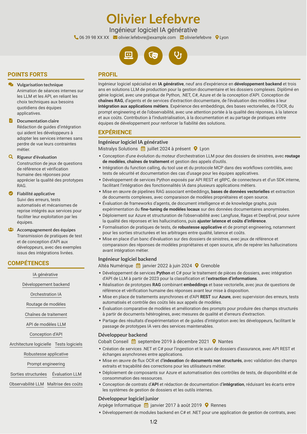 CV Dynamique (format à deux colonnes avec icônes) : Ingénieur IA - RAG et agents, page 1