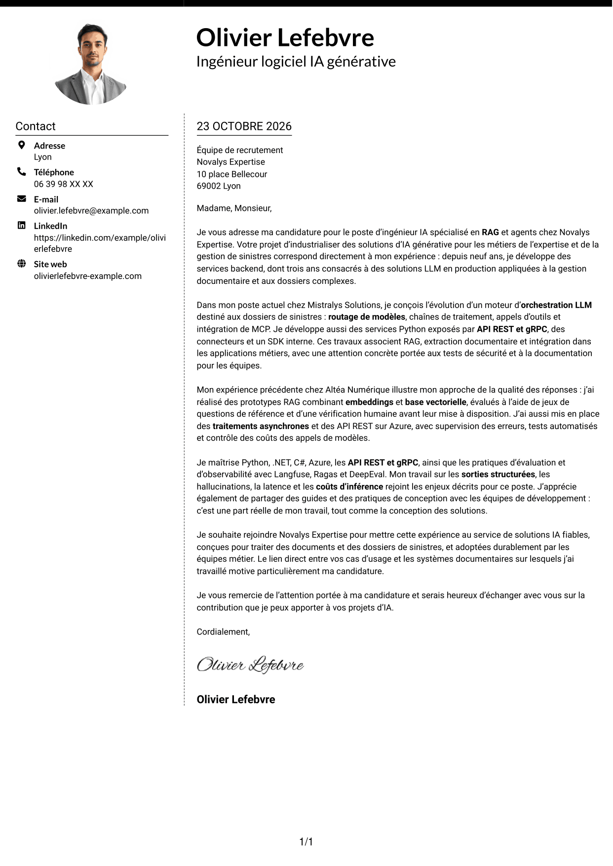 Lettre de motivation Moderne (format à deux colonnes avec photo à gauche et séparateur) : Ingénieur IA - RAG et agents, page 1