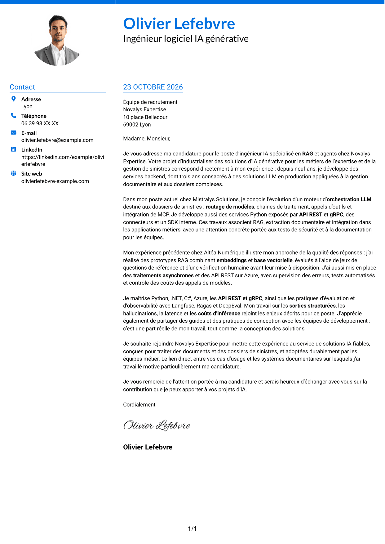 Lettre de motivation Audacieux (format à deux colonnes avec accents colorés et photo) : Ingénieur IA - RAG et agents, page 1