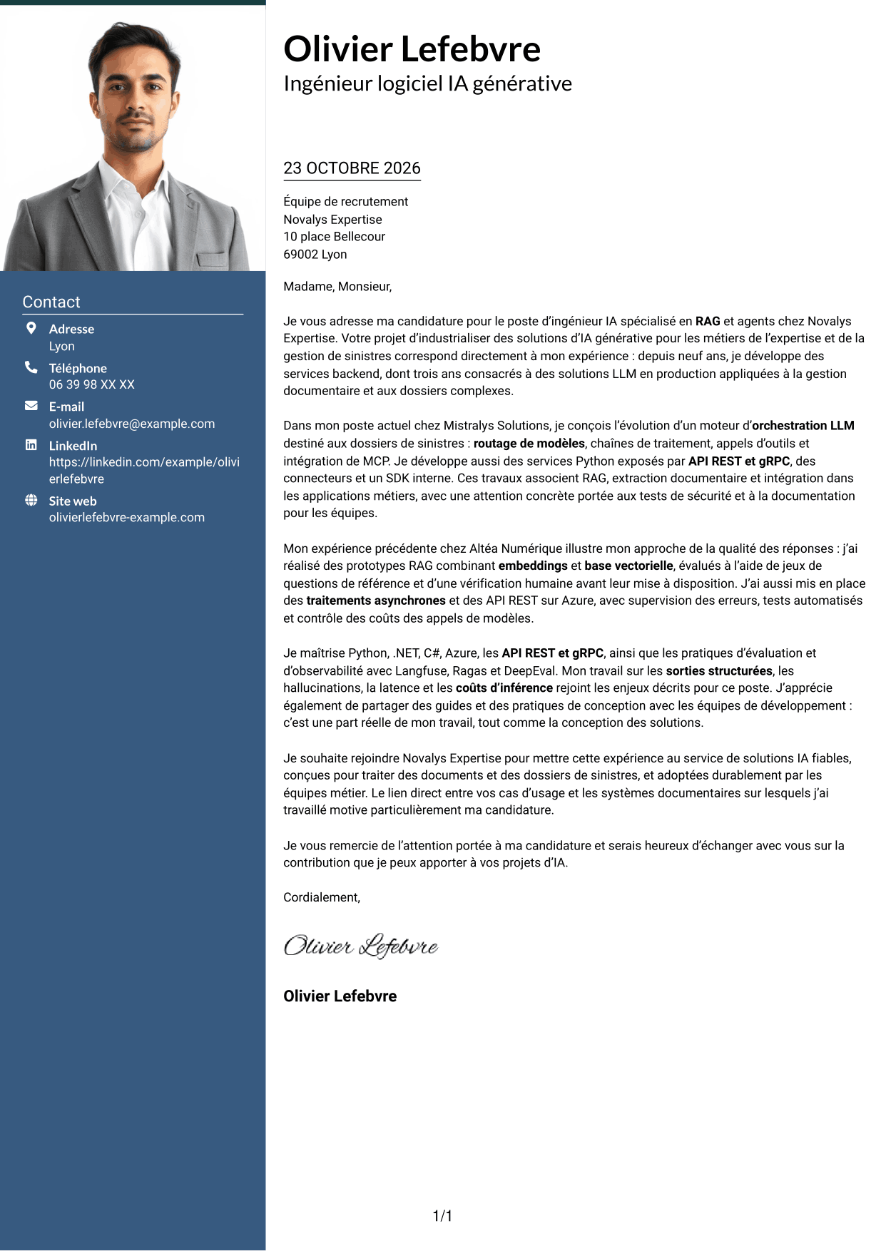Lettre de motivation Signature (format à colonne latérale colorée avec grande photo) : Ingénieur IA - RAG et agents, page 1