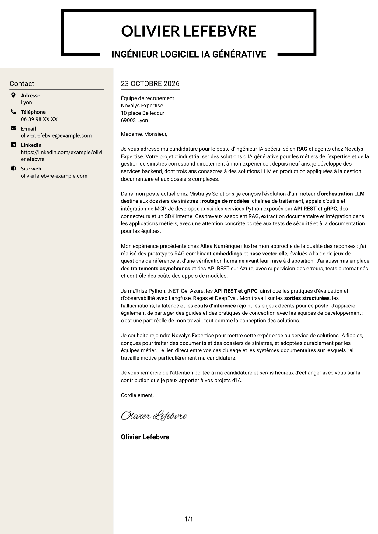 Lettre de motivation Fonceur (format à deux colonnes avec en-tête centré sans photo) : Ingénieur IA - RAG et agents, page 1