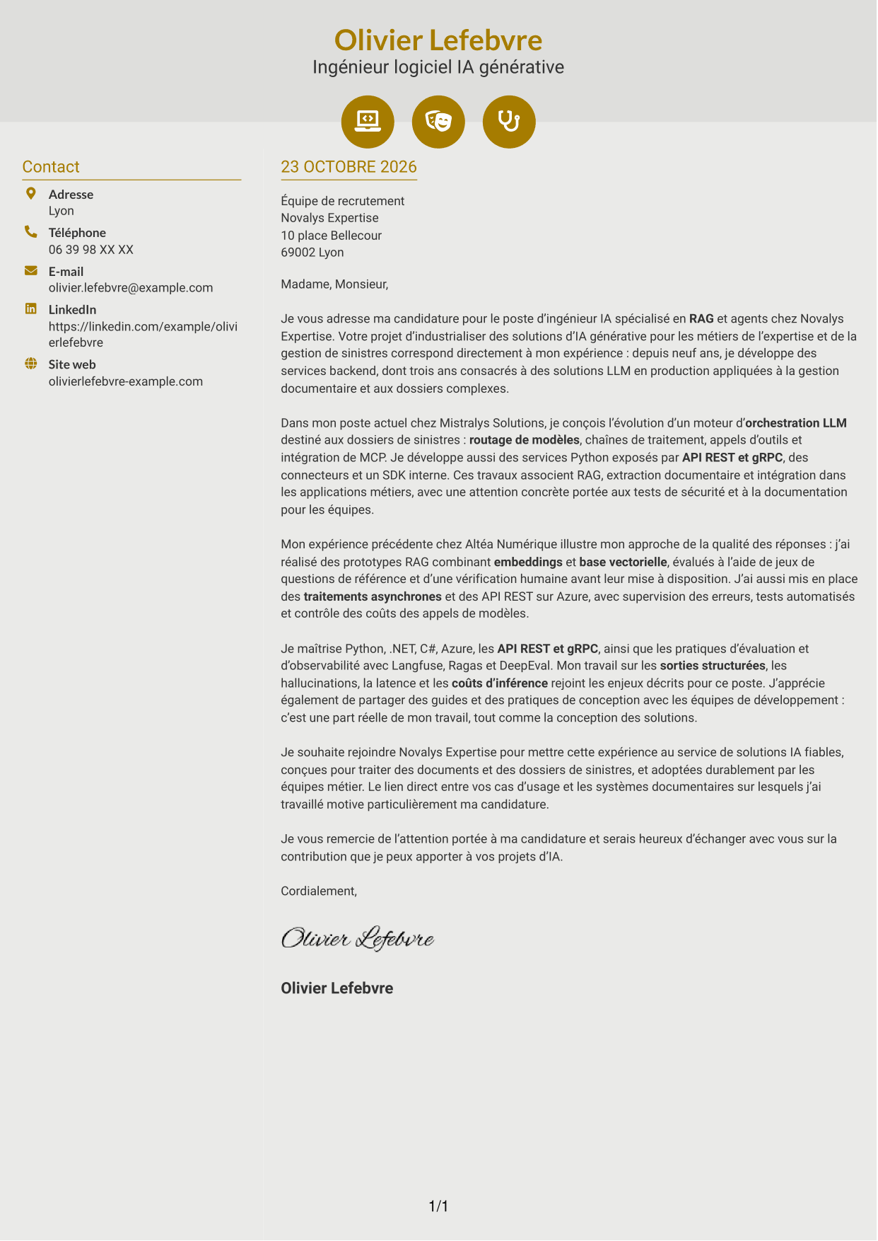 Lettre de motivation Dynamique (format à deux colonnes avec icônes) : Ingénieur IA - RAG et agents, page 1