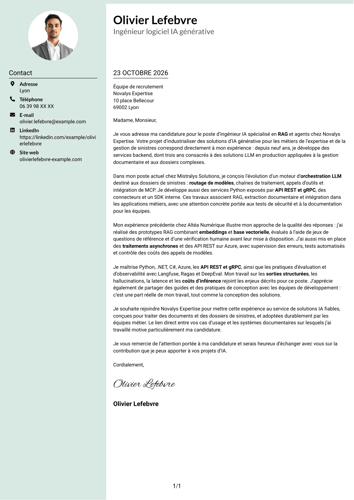 Lettre de motivation Cadre (format à colonne latérale douce avec photo arrondie) : Ingénieur IA - RAG et agents, page 1