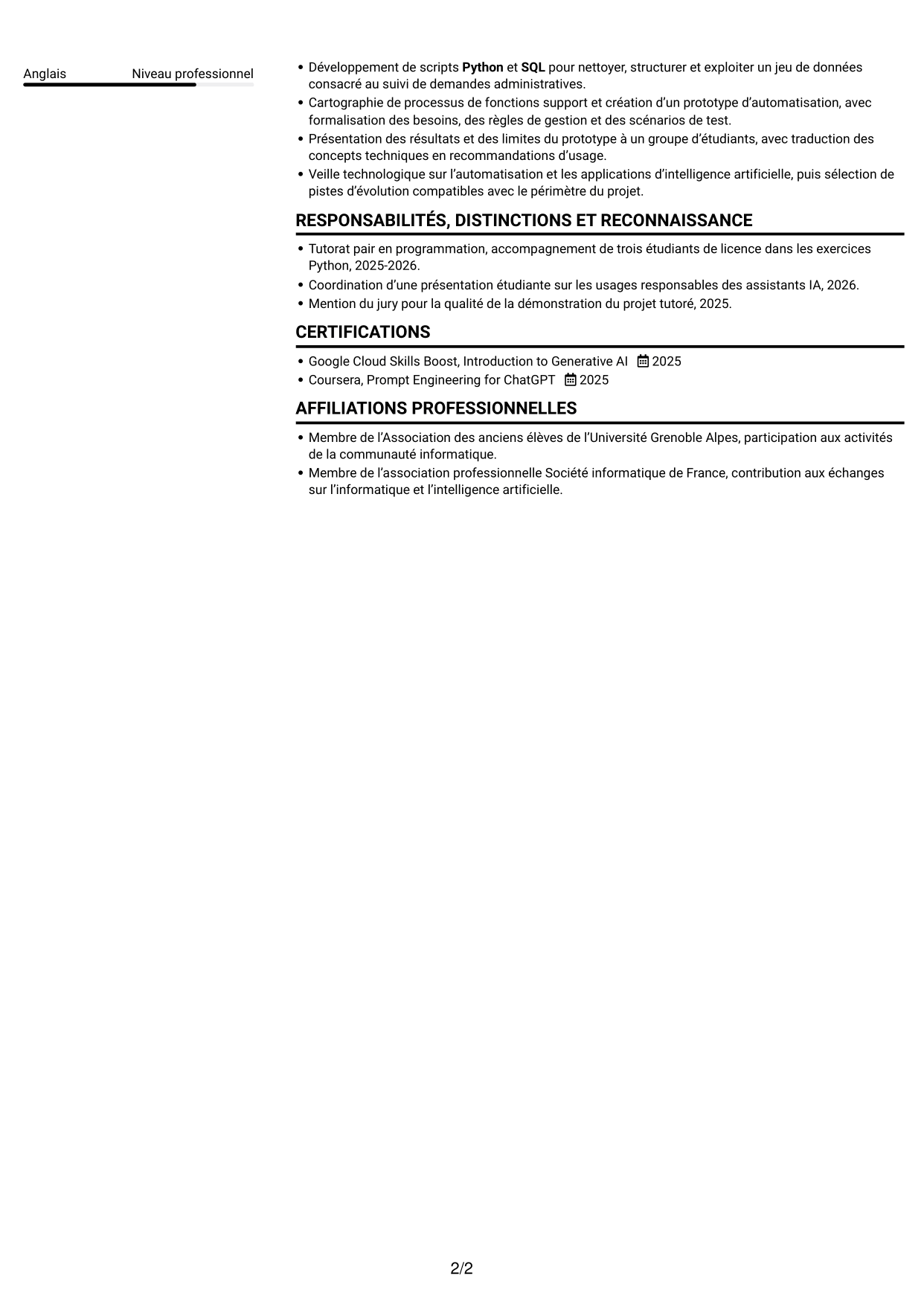 CV Compact (format sobre à deux colonnes avec photo) : Ingénieur IA - Solutions applicatives, page 2