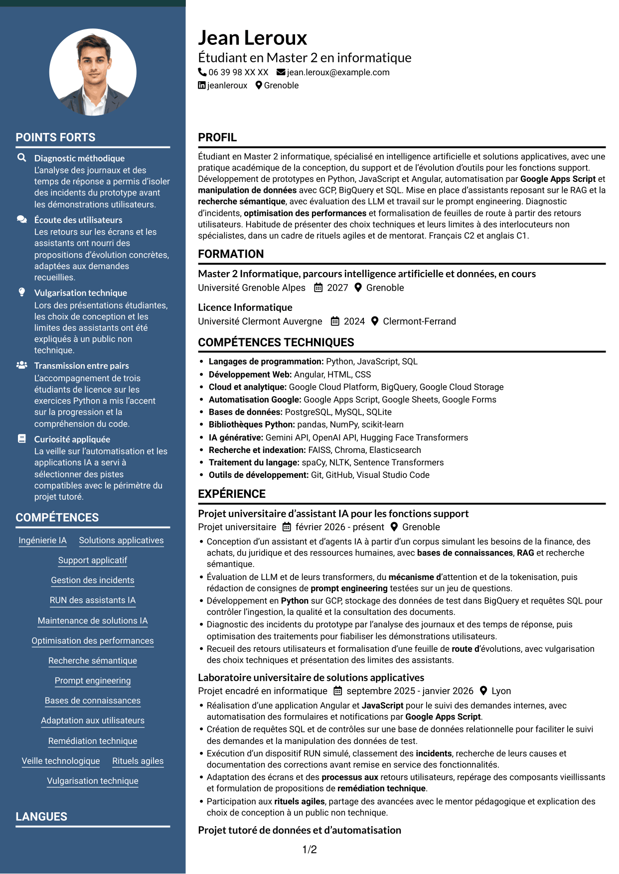 CV Élégant (format à colonne latérale colorée avec photo) : Ingénieur IA - Solutions applicatives, page 1