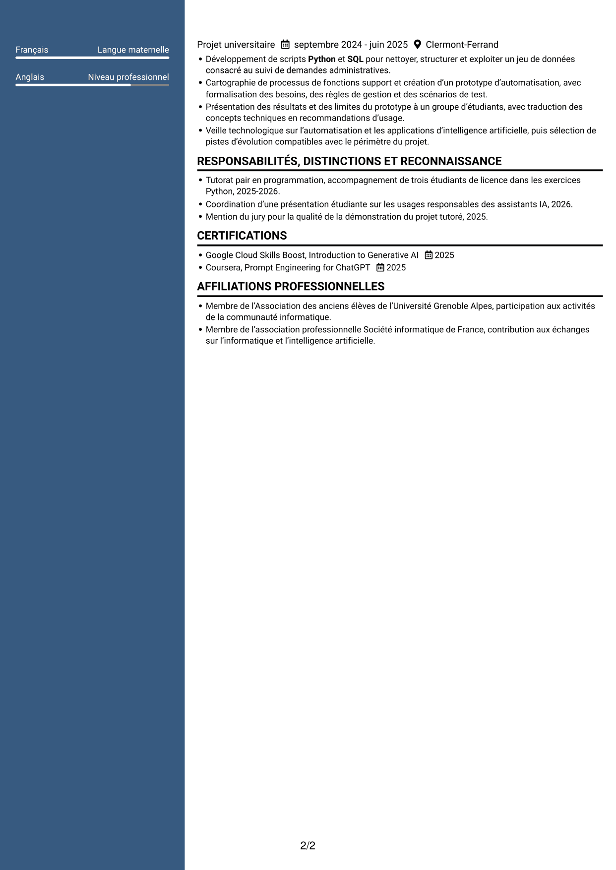 CV Élégant (format à colonne latérale colorée avec photo) : Ingénieur IA - Solutions applicatives, page 2