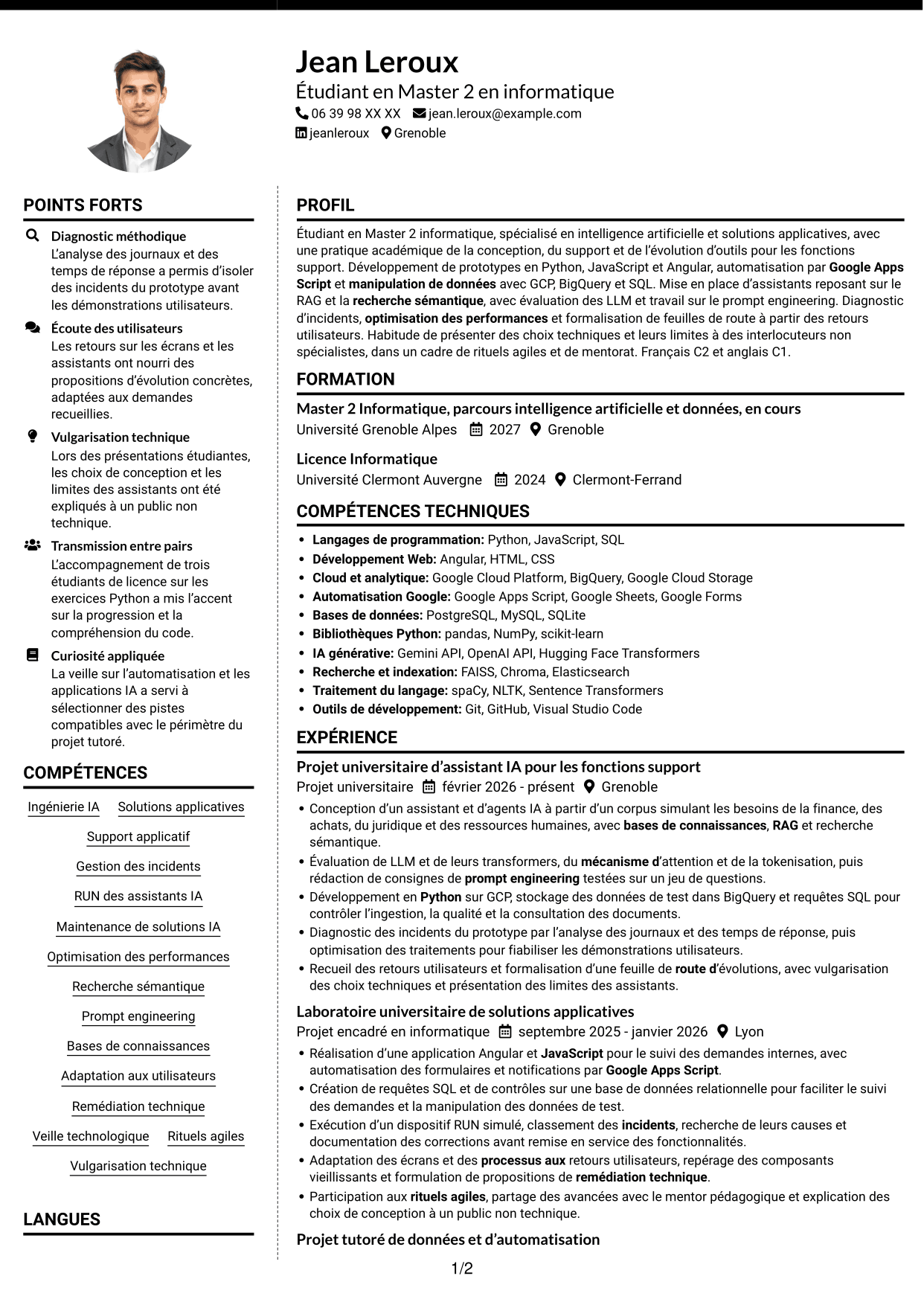 CV Moderne (format à deux colonnes avec photo à gauche et séparateur) : Ingénieur IA - Solutions applicatives, page 1