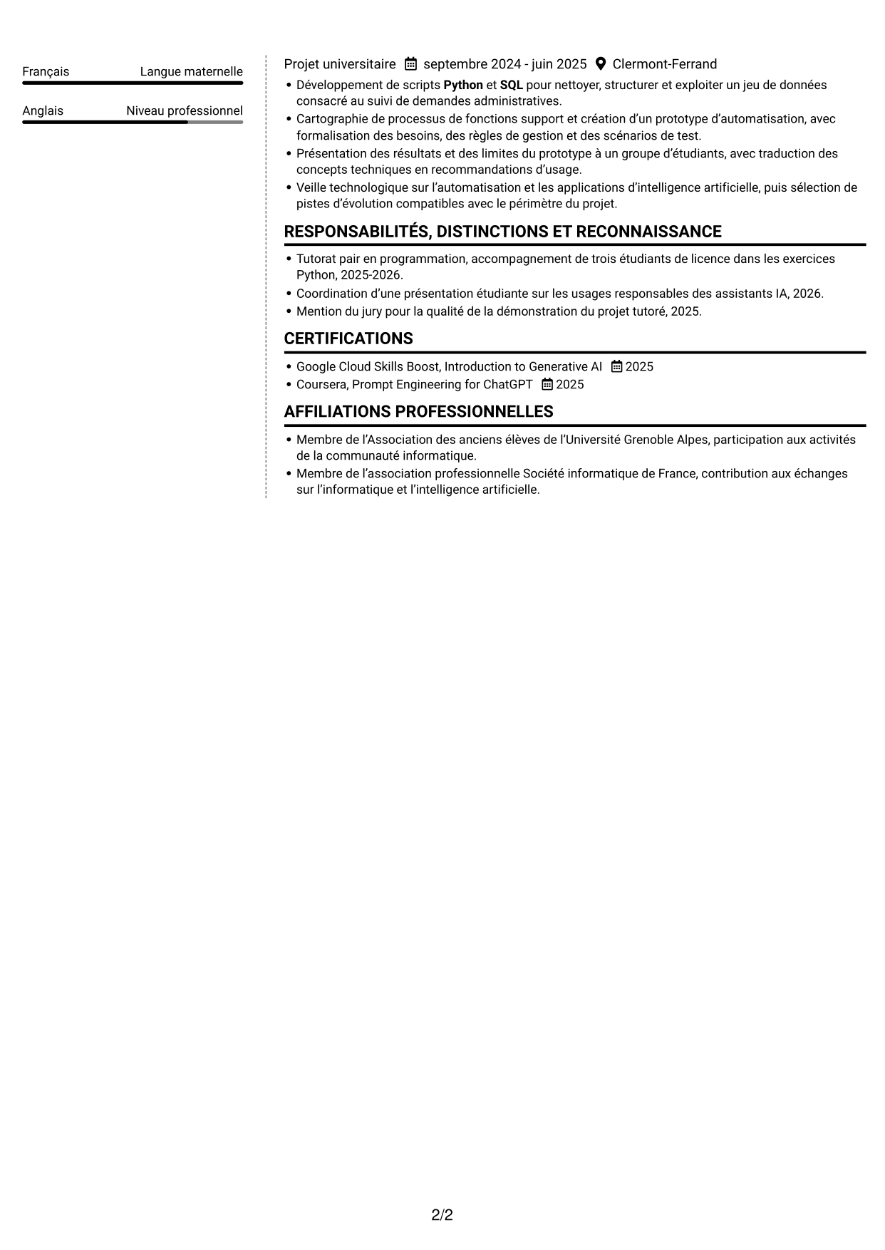CV Moderne (format à deux colonnes avec photo à gauche et séparateur) : Ingénieur IA - Solutions applicatives, page 2