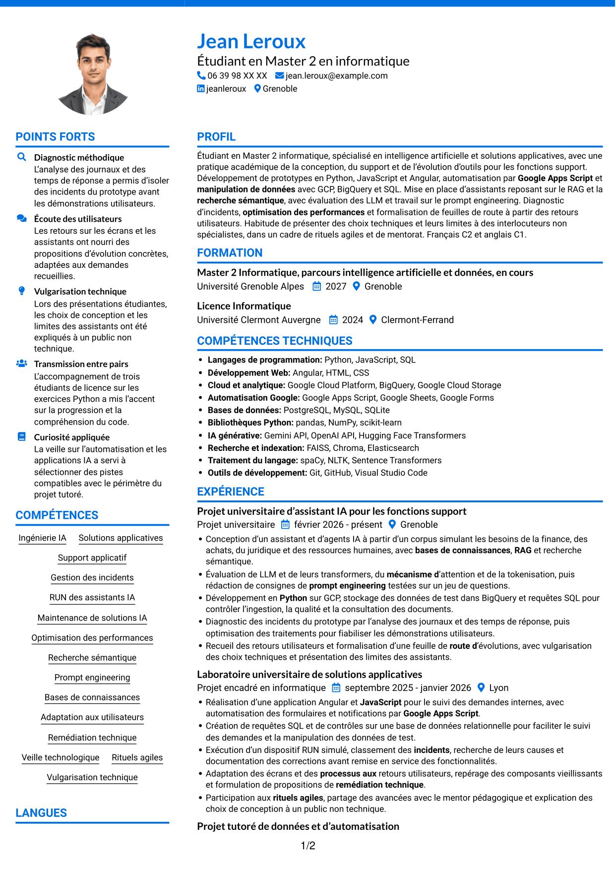 CV Audacieux (format à deux colonnes avec accents colorés et photo) : Ingénieur IA - Solutions applicatives, page 1
