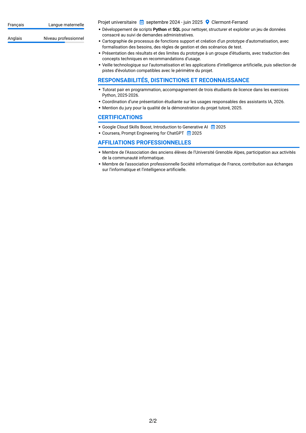 CV Audacieux (format à deux colonnes avec accents colorés et photo) : Ingénieur IA - Solutions applicatives, page 2