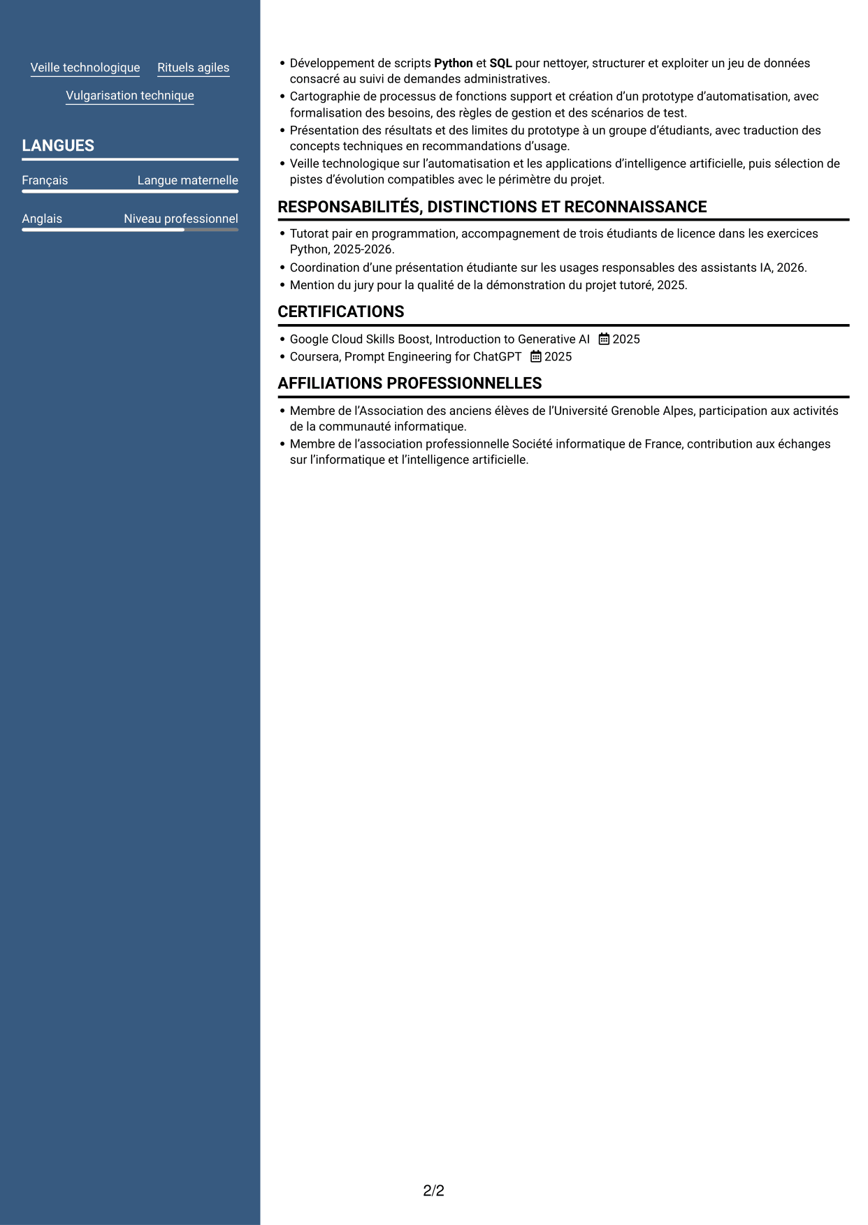 CV Signature (format à colonne latérale colorée avec grande photo) : Ingénieur IA - Solutions applicatives, page 2