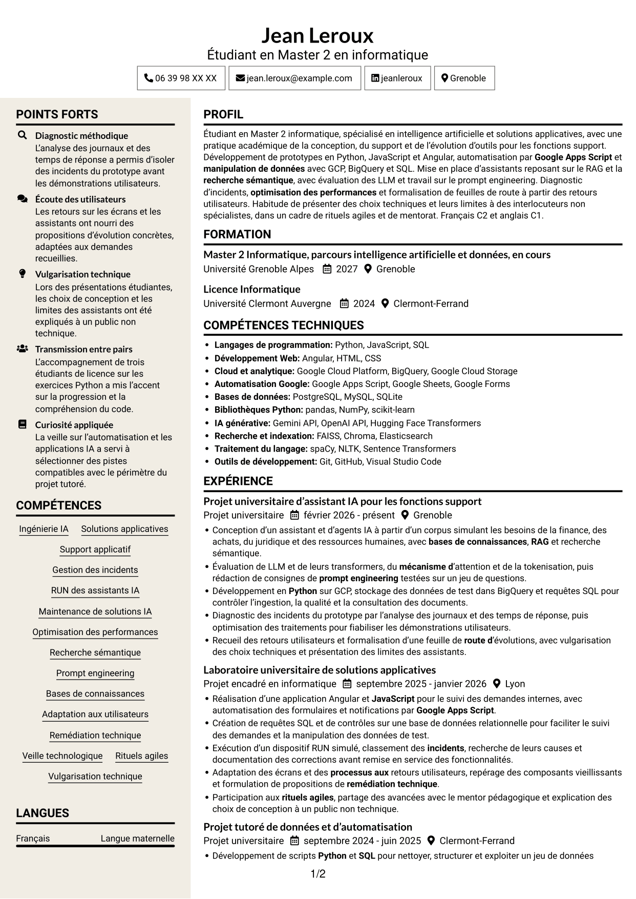 CV Fonceur (format à deux colonnes avec en-tête centré sans photo) : Ingénieur IA - Solutions applicatives, page 1