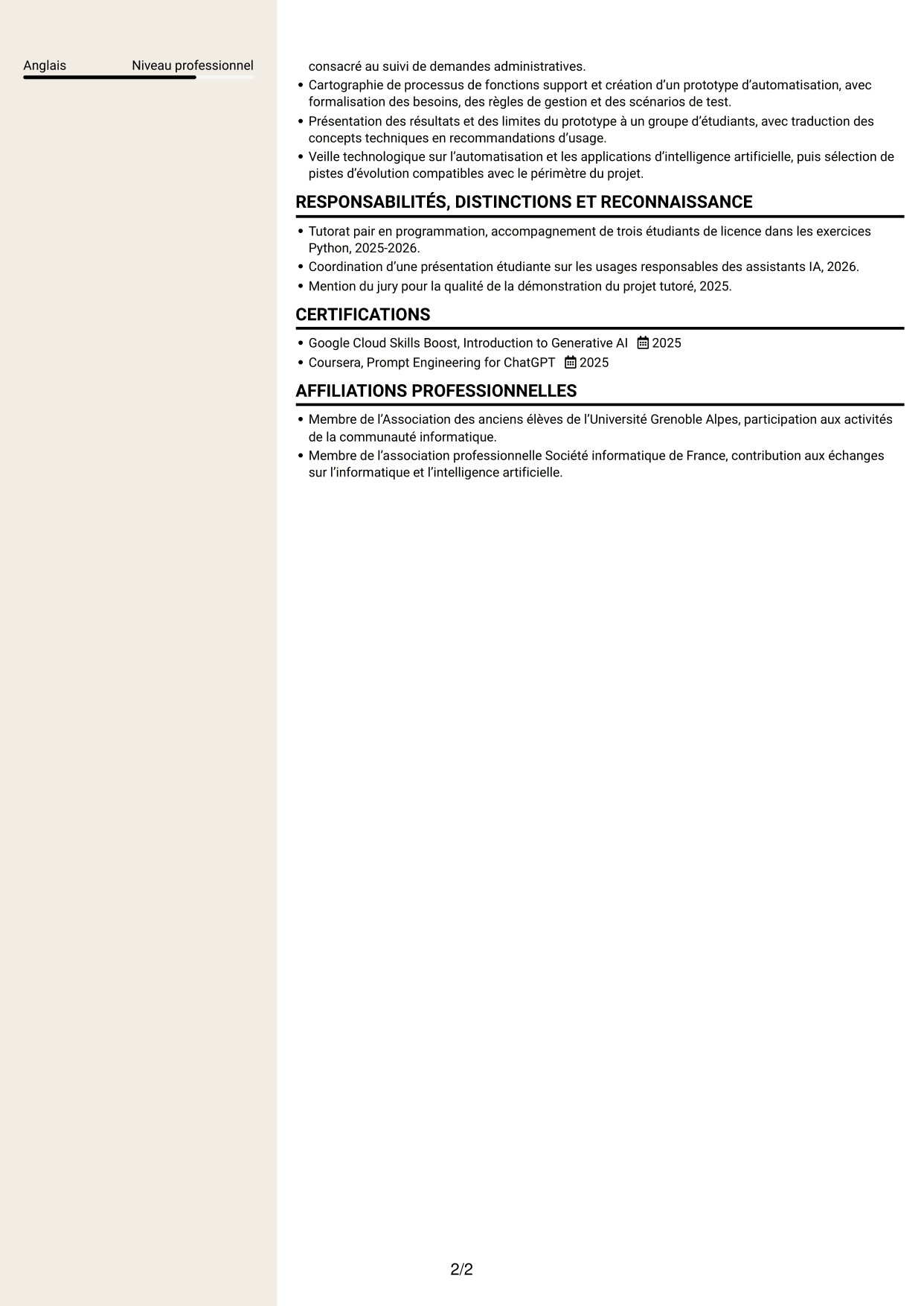 CV Fonceur (format à deux colonnes avec en-tête centré sans photo) : Ingénieur IA - Solutions applicatives, page 2