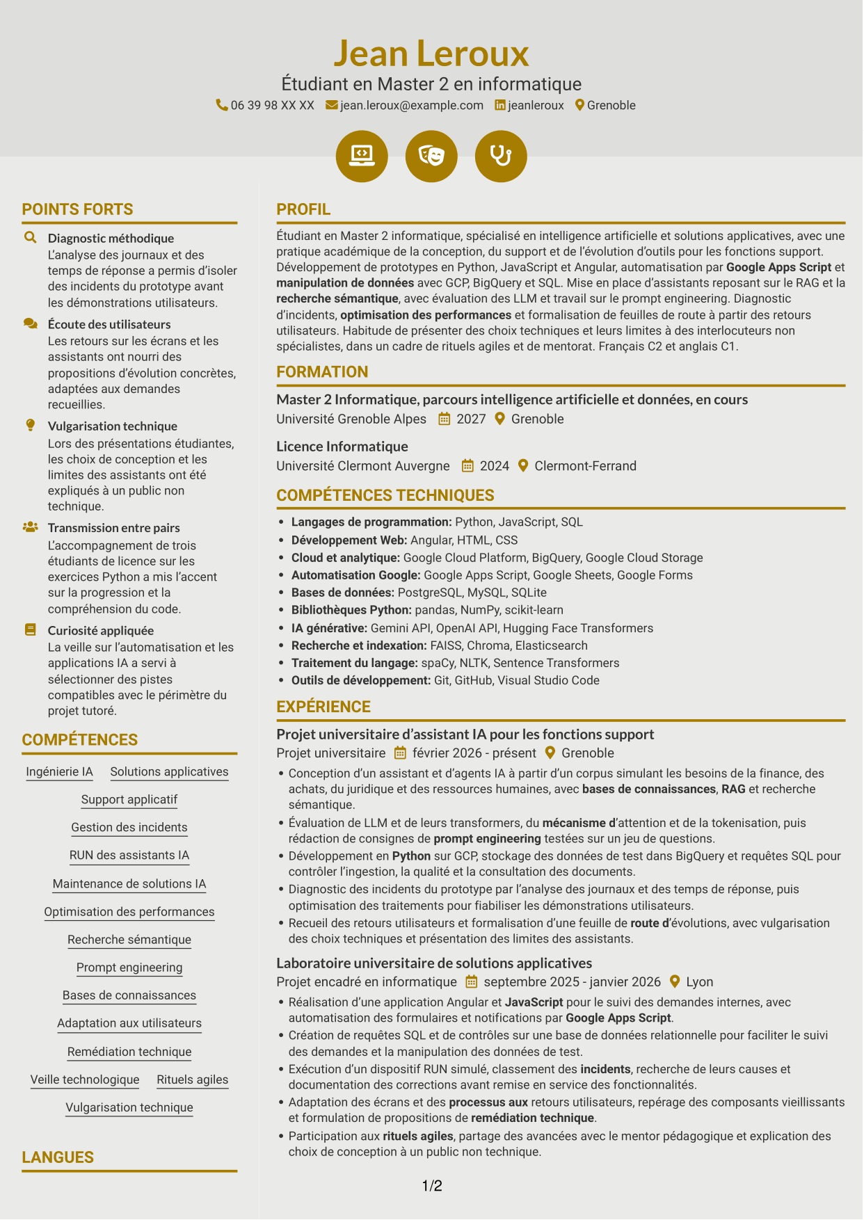CV Dynamique (format à deux colonnes avec icônes) : Ingénieur IA - Solutions applicatives, page 1