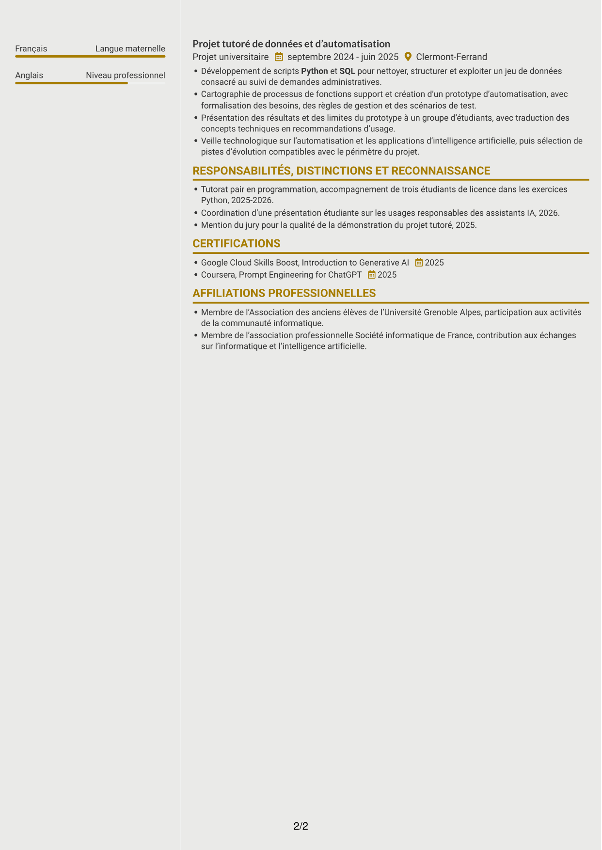 CV Dynamique (format à deux colonnes avec icônes) : Ingénieur IA - Solutions applicatives, page 2