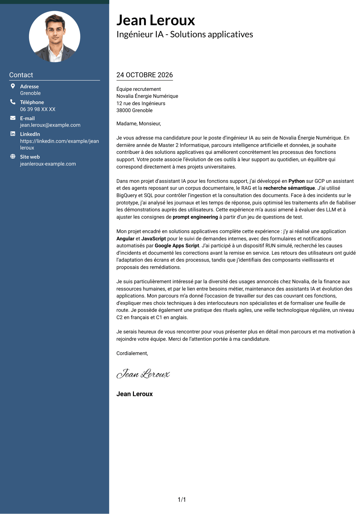 Lettre de motivation Élégant (format à colonne latérale colorée avec photo) : Ingénieur IA - Solutions applicatives, page 1