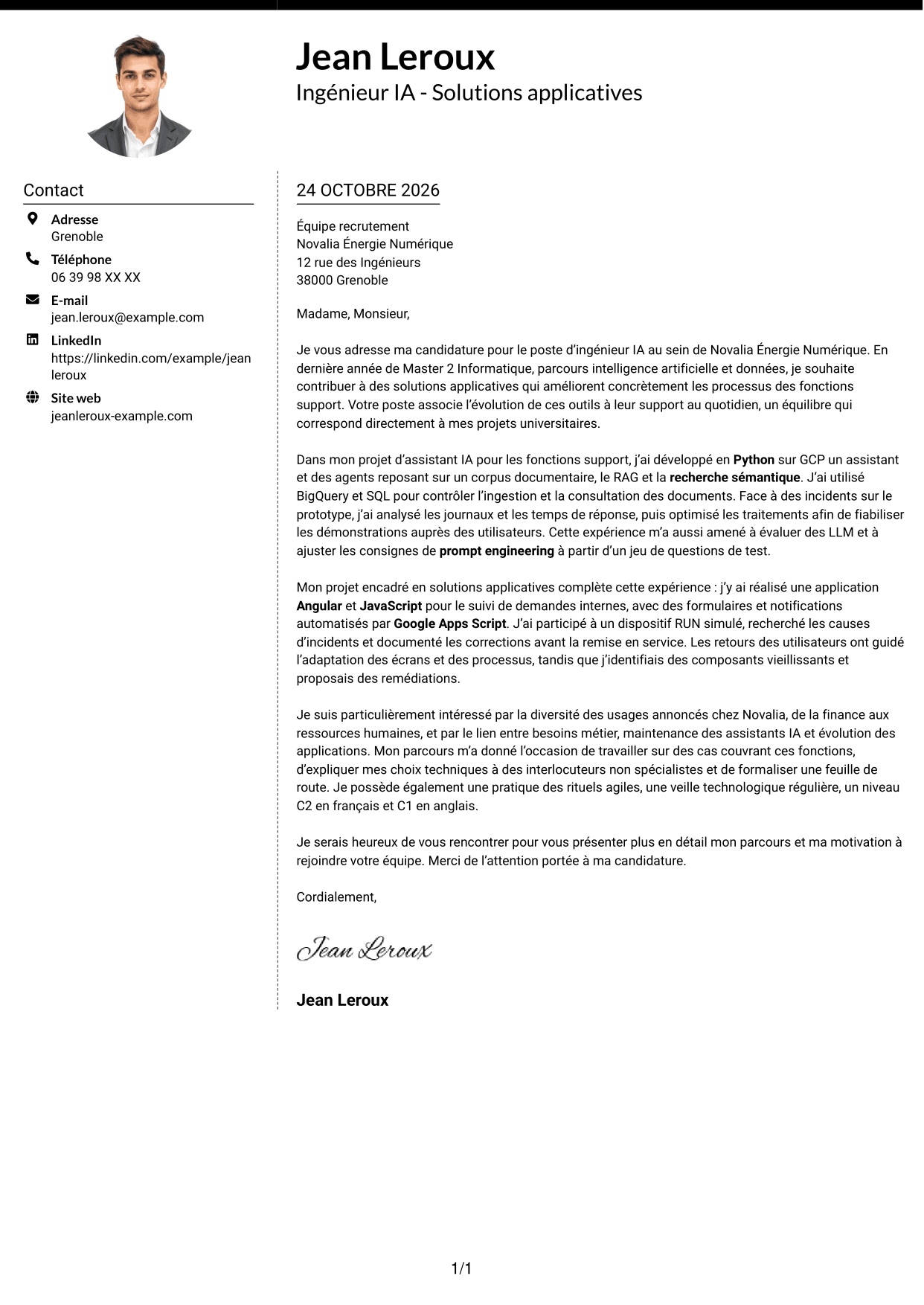 Lettre de motivation Moderne (format à deux colonnes avec photo à gauche et séparateur) : Ingénieur IA - Solutions applicatives, page 1