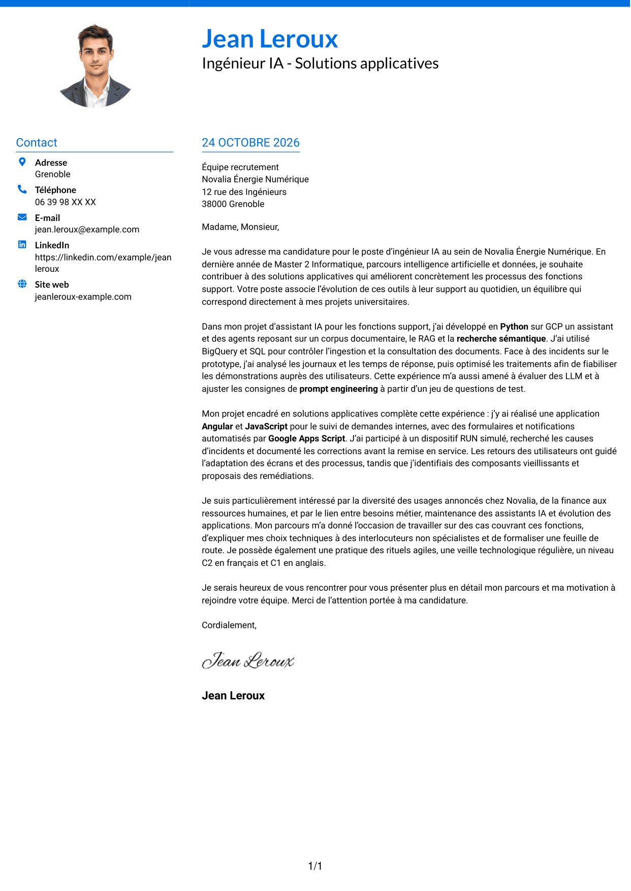 Lettre de motivation Audacieux (format à deux colonnes avec accents colorés et photo) : Ingénieur IA - Solutions applicatives, page 1