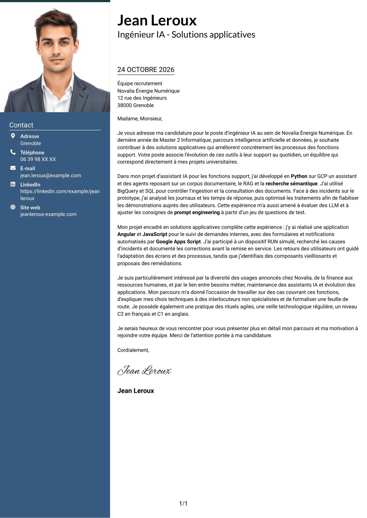 Lettre de motivation Signature (format à colonne latérale colorée avec grande photo) : Ingénieur IA - Solutions applicatives, page 1