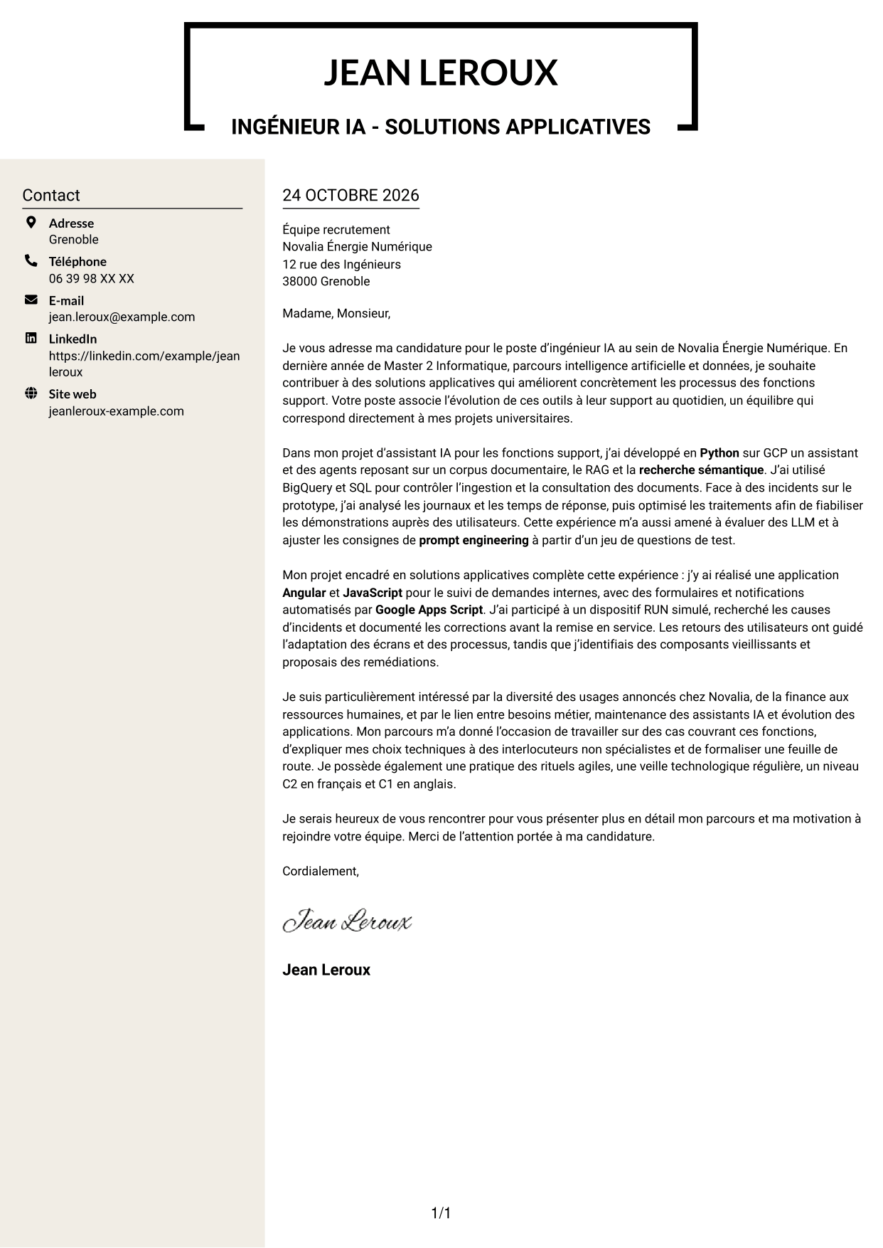 Lettre de motivation Fonceur (format à deux colonnes avec en-tête centré sans photo) : Ingénieur IA - Solutions applicatives, page 1