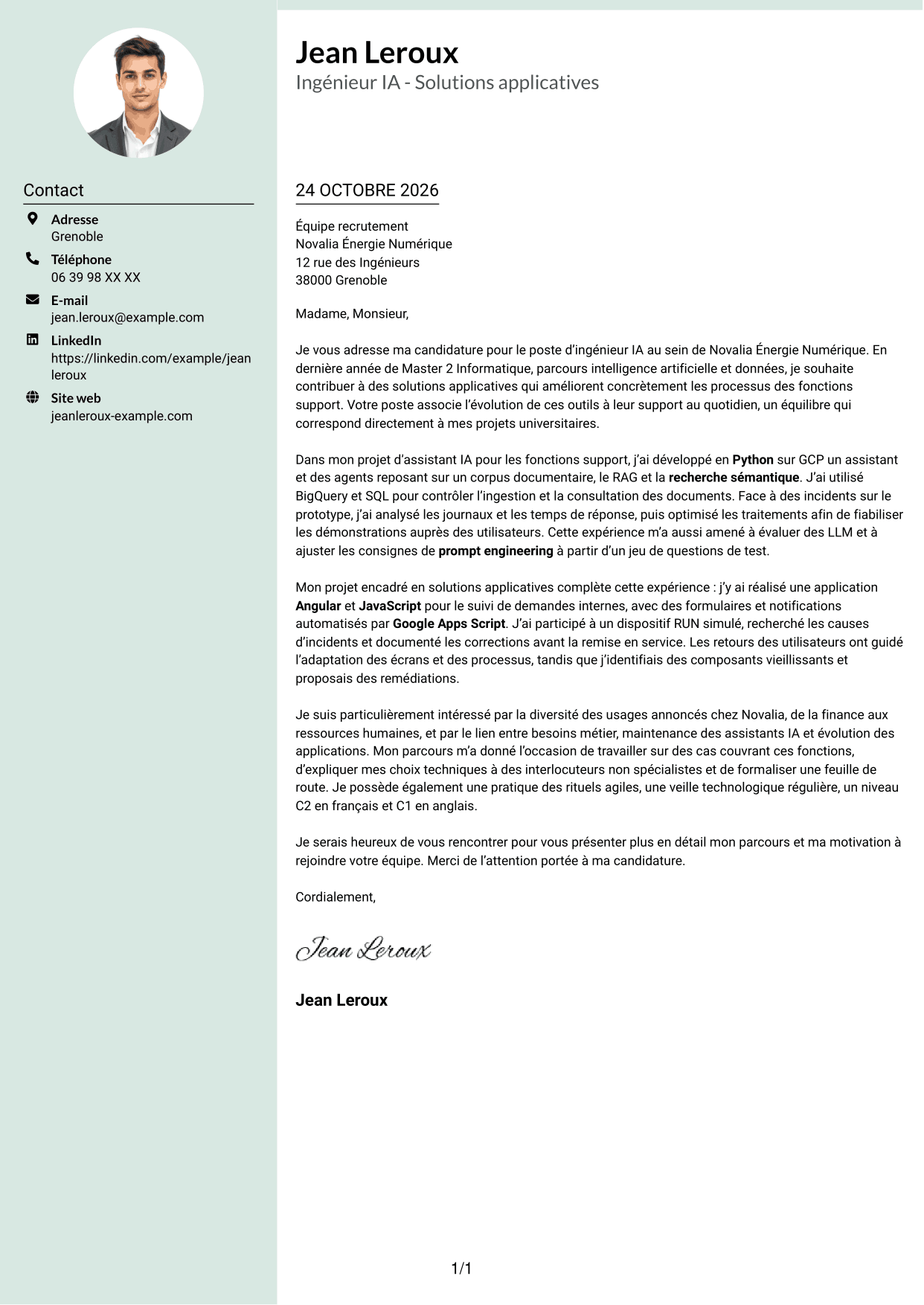 Lettre de motivation Cadre (format à colonne latérale douce avec photo arrondie) : Ingénieur IA - Solutions applicatives, page 1